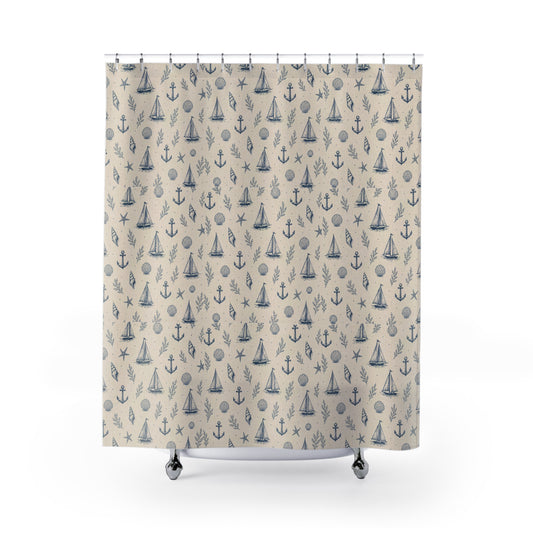 Nautical Sailboat & Anchor Shower Curtain — Coastal Beach Pattern for Bathroom - Creations by Chris and Carlos