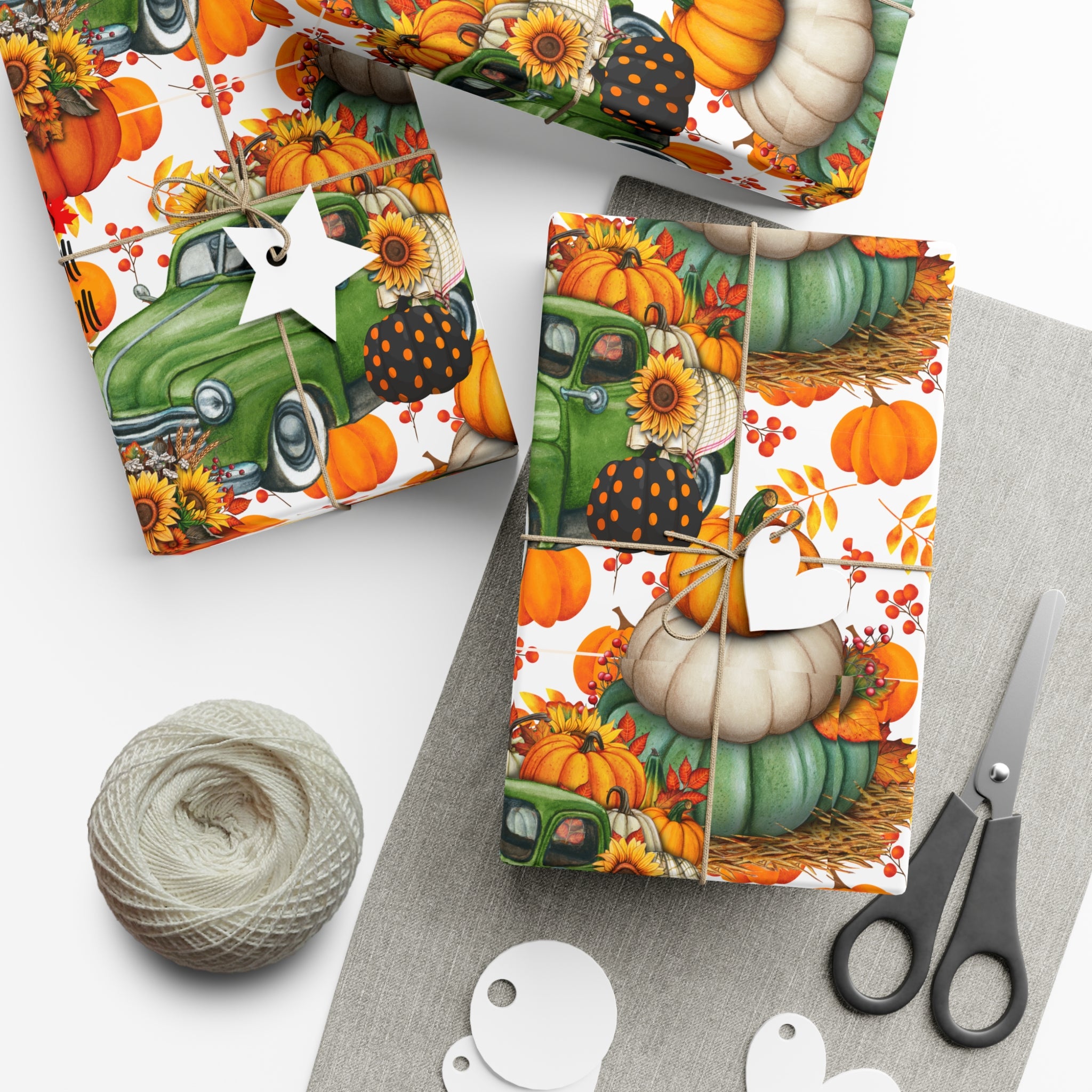 Autumn-Themed Gift Wrap Paper, Fall Decor, Thanksgiving Wrapping Paper, Vintage Car Design, Seasonal Gift Wrap - Creations by Chris and Carlos