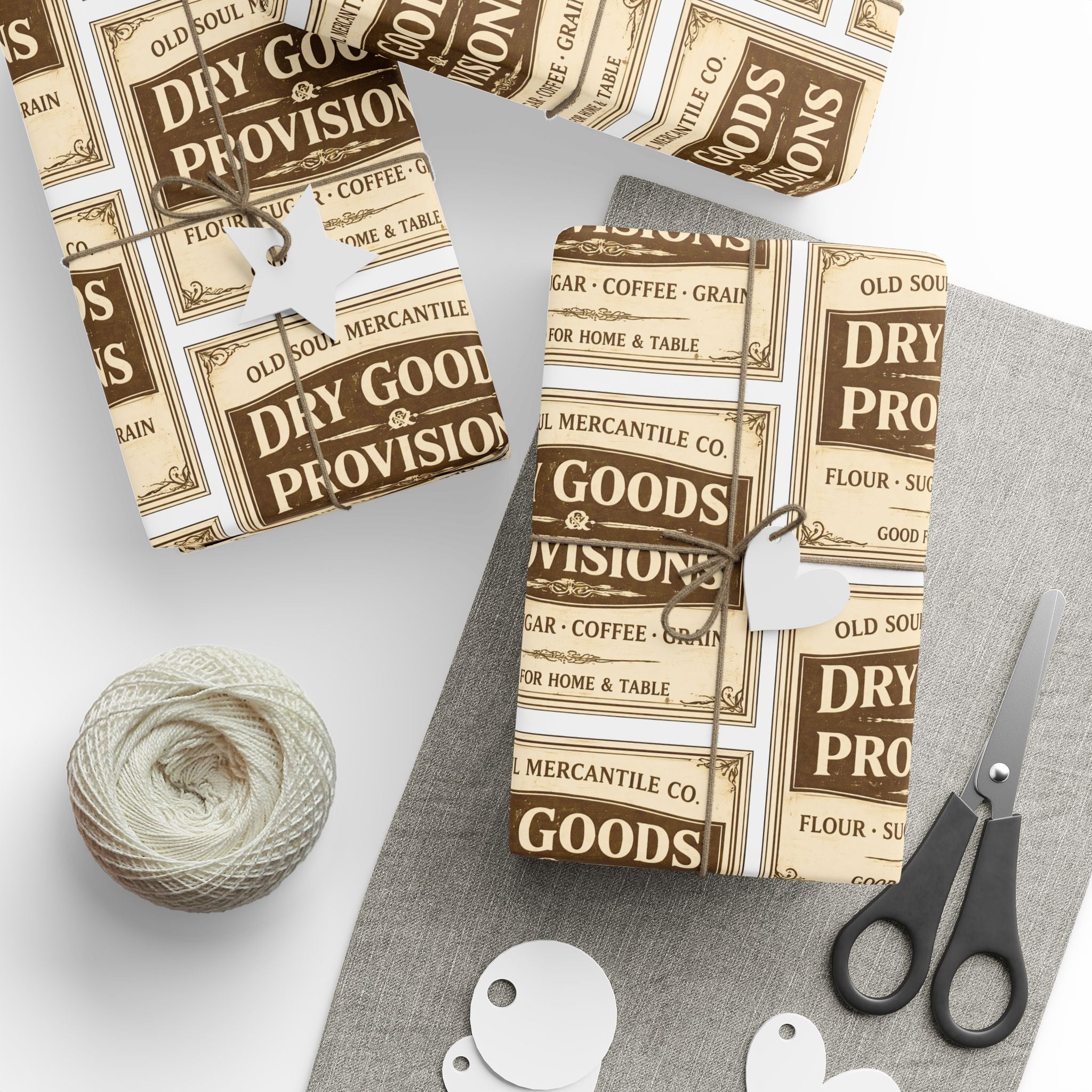 Wrapping Paper Roll — Vintage Pantry Labels Pattern, Brown & Cream Gift Wrap for Foodies & Home Cooks - Creations by Chris and Carlos