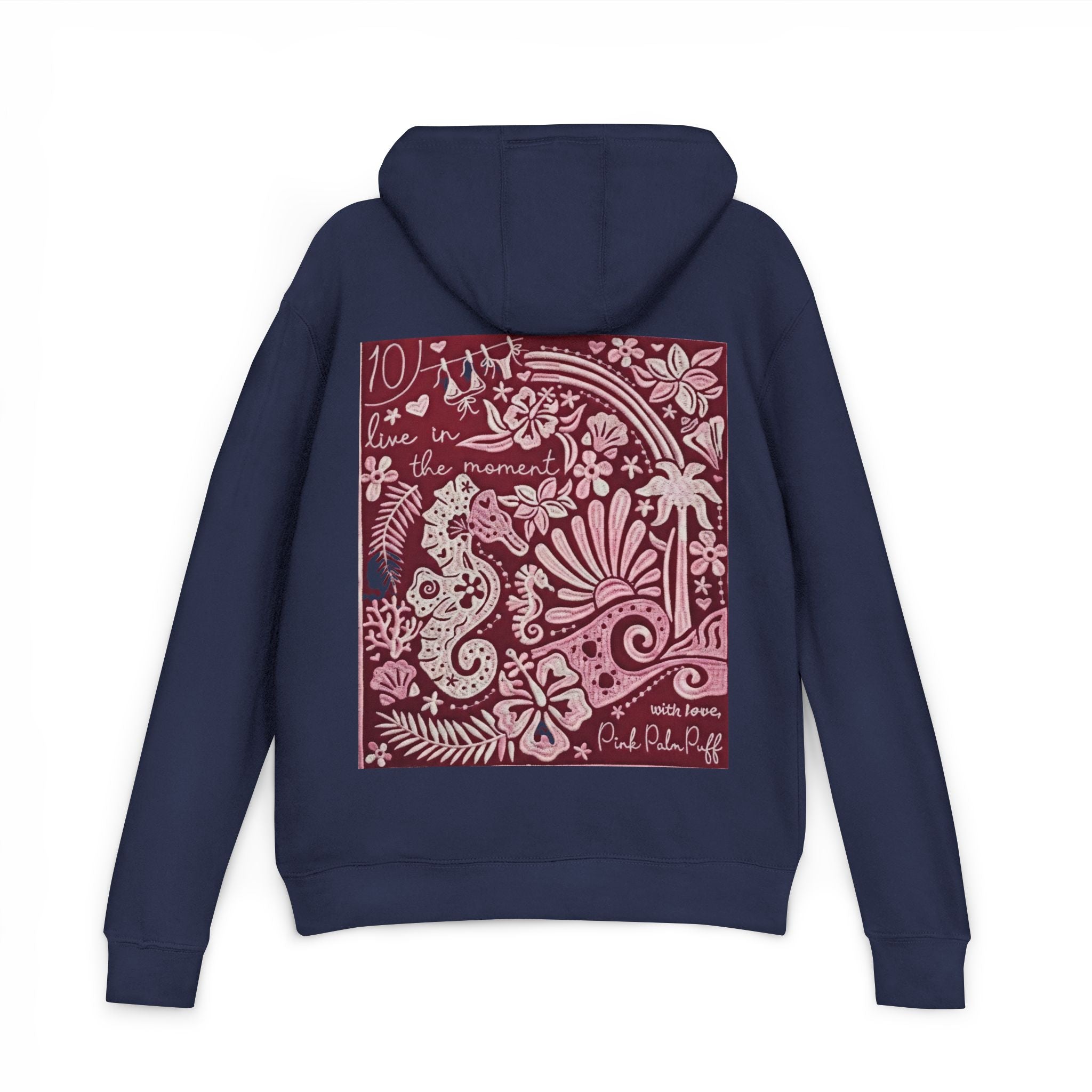 Coastal Bandana Art Hoodie — "Live in the Moment" Seahorse Design - Creations by Chris and Carlos