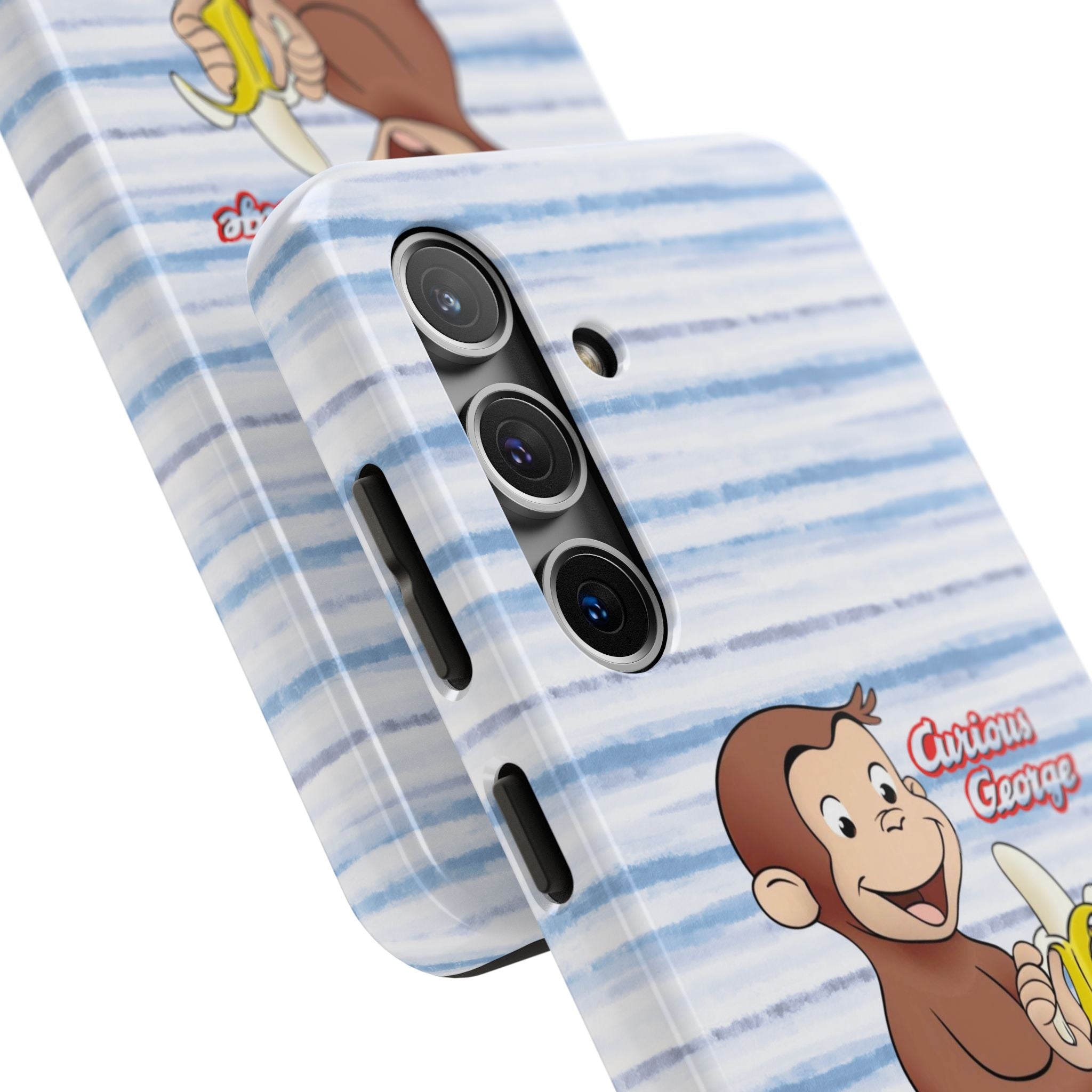 Curious George Banana Tough Phone Case — Cute Kids iPhone Cover, Blue Stripe Protective Case - Creations by Chris and Carlos