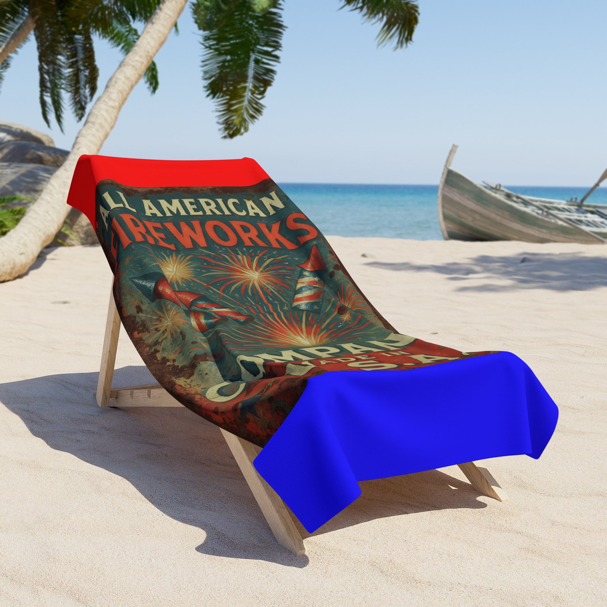 American Fireworks Beach Towel — Vintage 'All American Fireworks Company Made in U.S.A.' Patriotic Summer Towel - Creations by Chris and Carlos