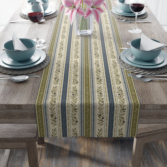 Country Stripe Table Runner — Olive & Blue Floral Border - Creations by Chris and Carlos