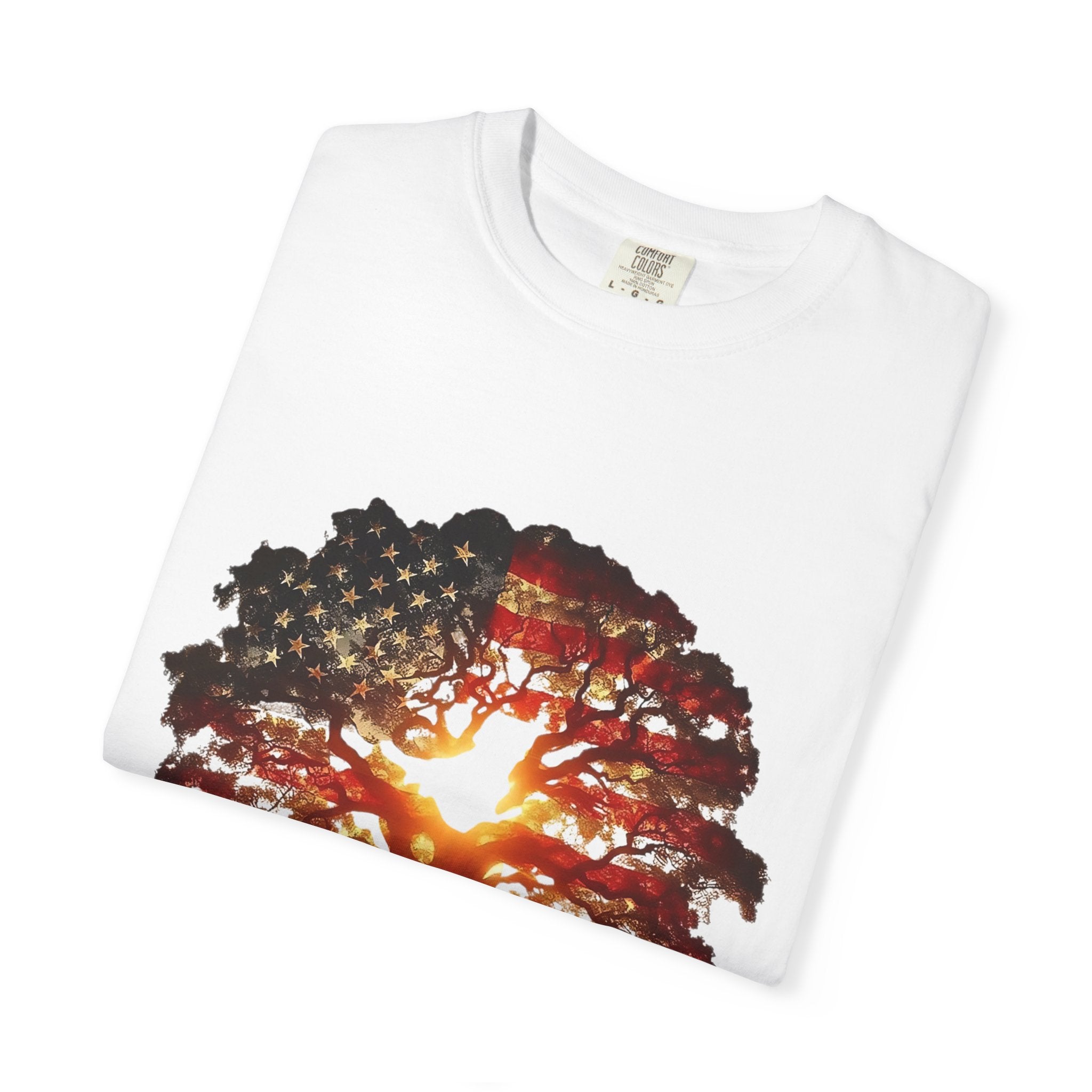 Patriotic Tree of Life T-Shirt — American Flag Sunset Graphic - Creations by Chris and Carlos