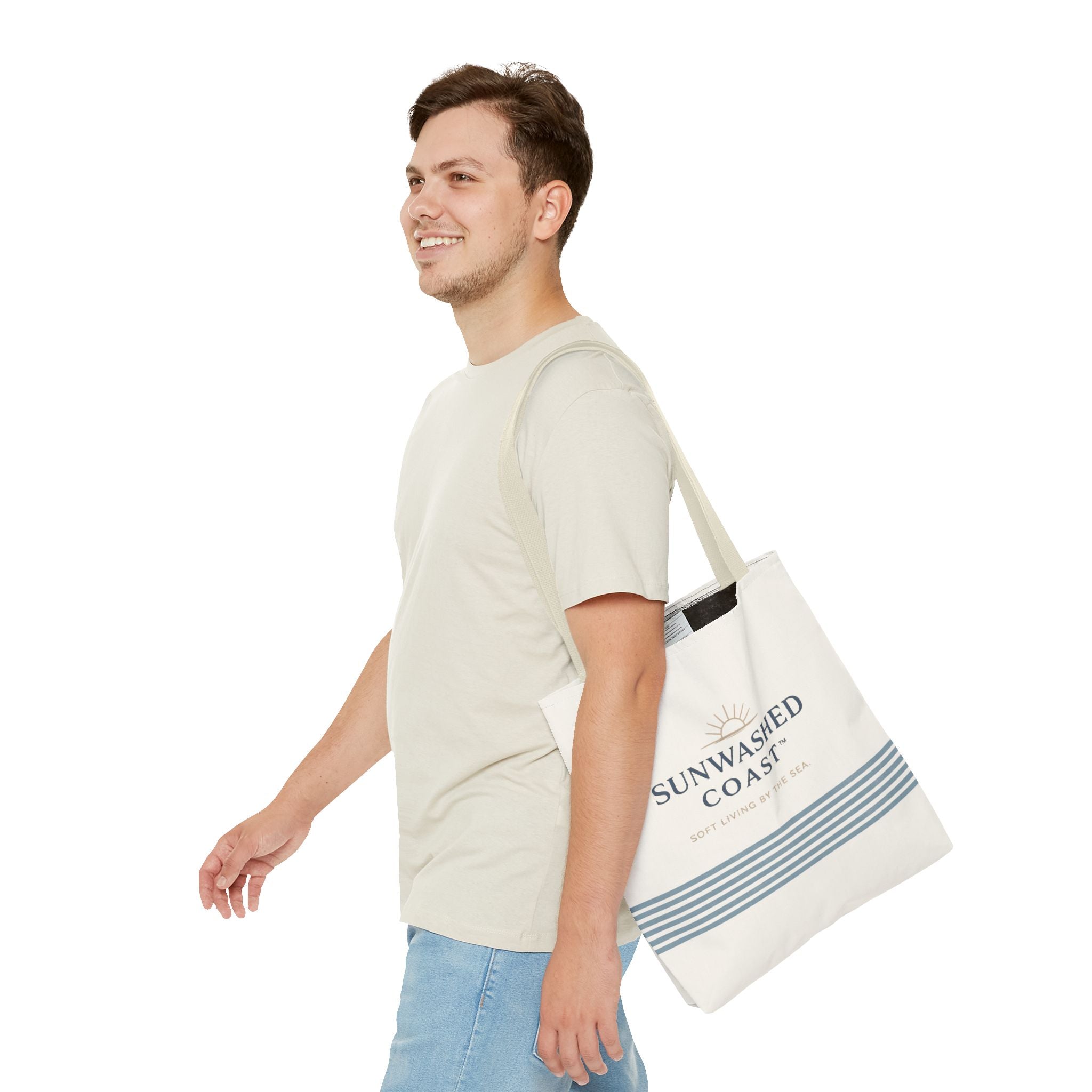 Sunwashed Coast Tote Bag – Coastal Striped Beach Canvas Tote (“Sunwashed Coast” Logo) - Creations by Chris and Carlos