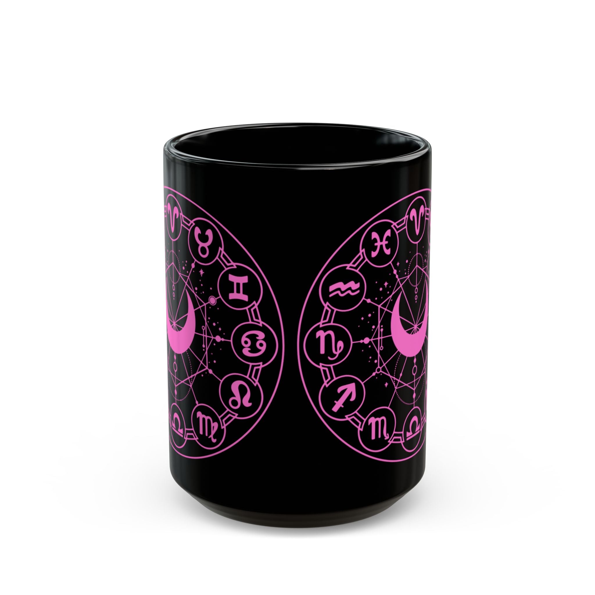 Zodiac Wheel Black Mug — Pink Astrology Symbols Coffee Cup (11oz/15oz) - Creations by Chris and Carlos