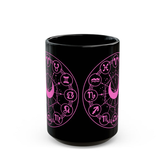 Zodiac Wheel Black Mug — Pink Astrology Symbols Coffee Cup (11oz/15oz) - Creations by Chris and Carlos
