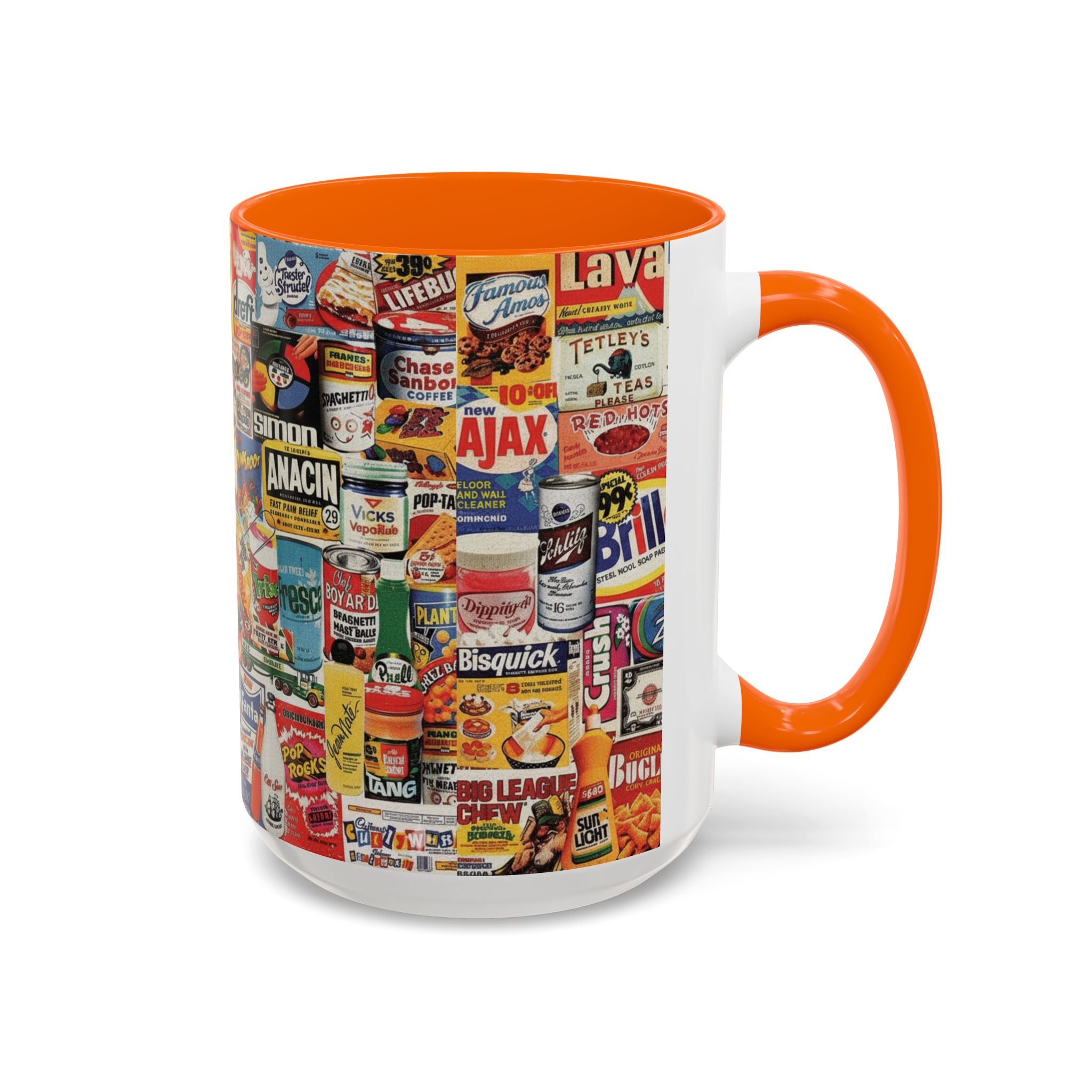 Vintage Retro Ads Coffee Mug — Collage of Classic Brand Labels (11/15oz Accent Mug) - Creations by Chris and Carlos