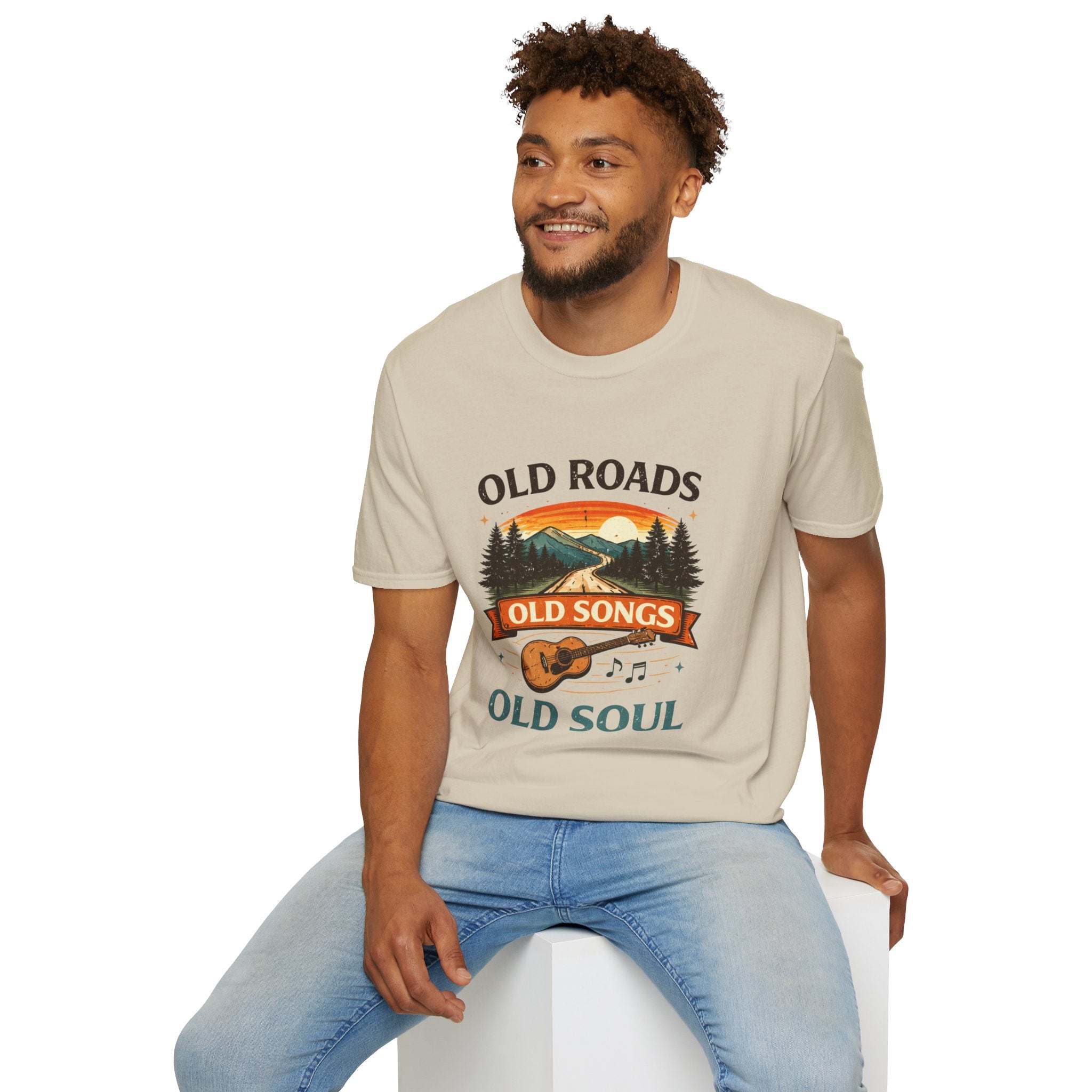Old Roads Old Songs Old Soul T-Shirt – Vintage Guitar & Mountain Graphic - Creations by Chris and Carlos