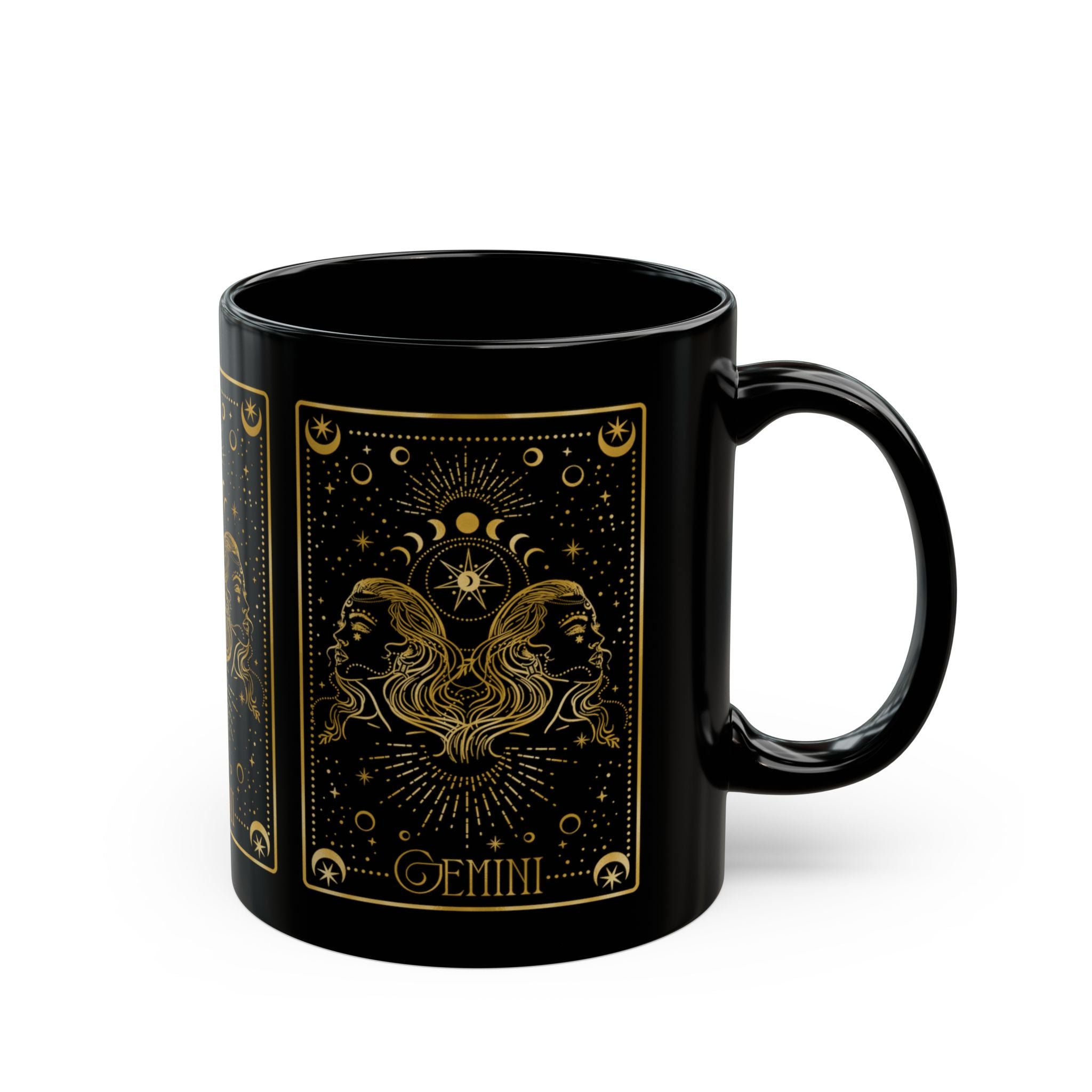 Gemini Zodiac Black Mug — Gold Astrology Tarot Card Design (11oz, 15oz) - Creations by Chris and Carlos