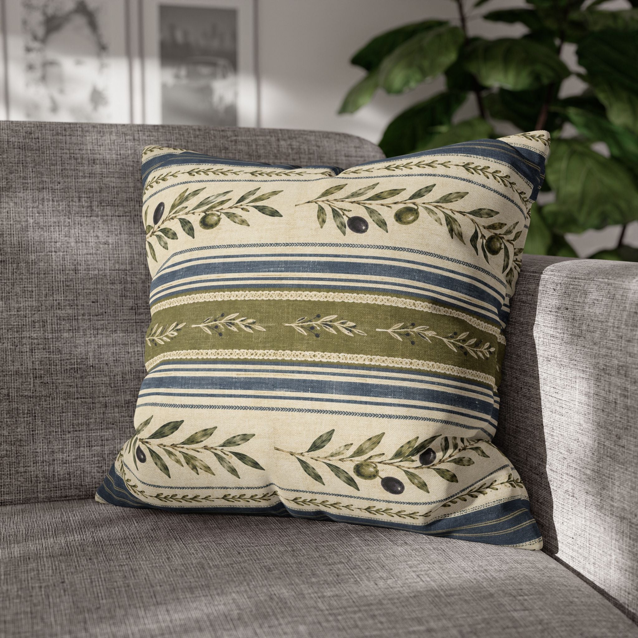 Olive & Navy Olive Branch Striped Throw Pillowcase - Creations by Chris and Carlos
