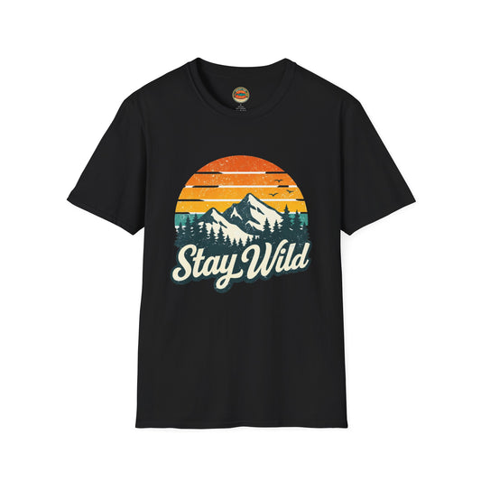 Stay Wild Mountain T-Shirt — Vintage Sunset Outdoor Adventure Tee - Creations by Chris and Carlos