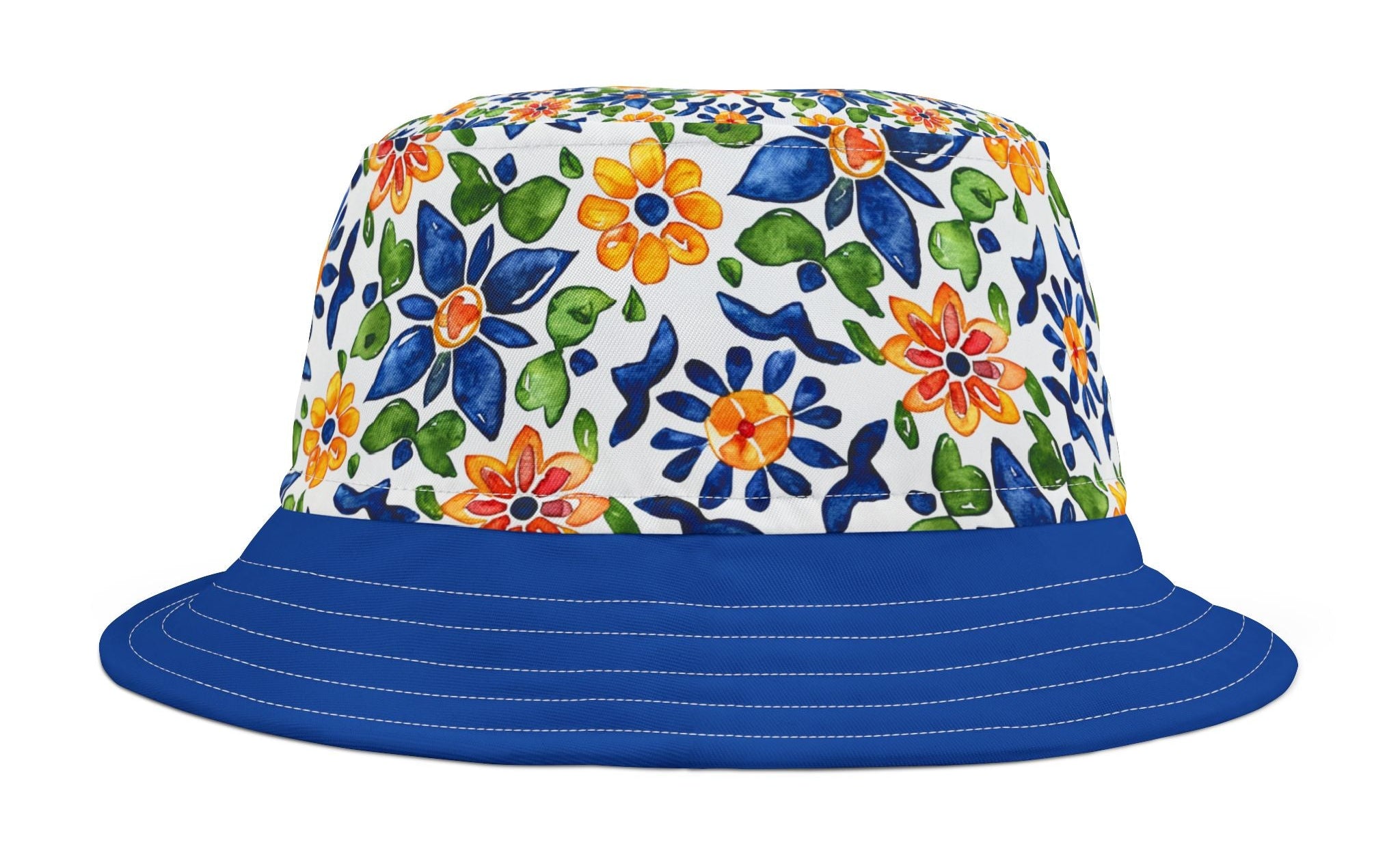 Sol y Alegría (Sun and Joy) Collection- Floral Tile Blue Bucket Hat — Mediterranean Mosaic Garden Print - Creations by Chris and Carlos