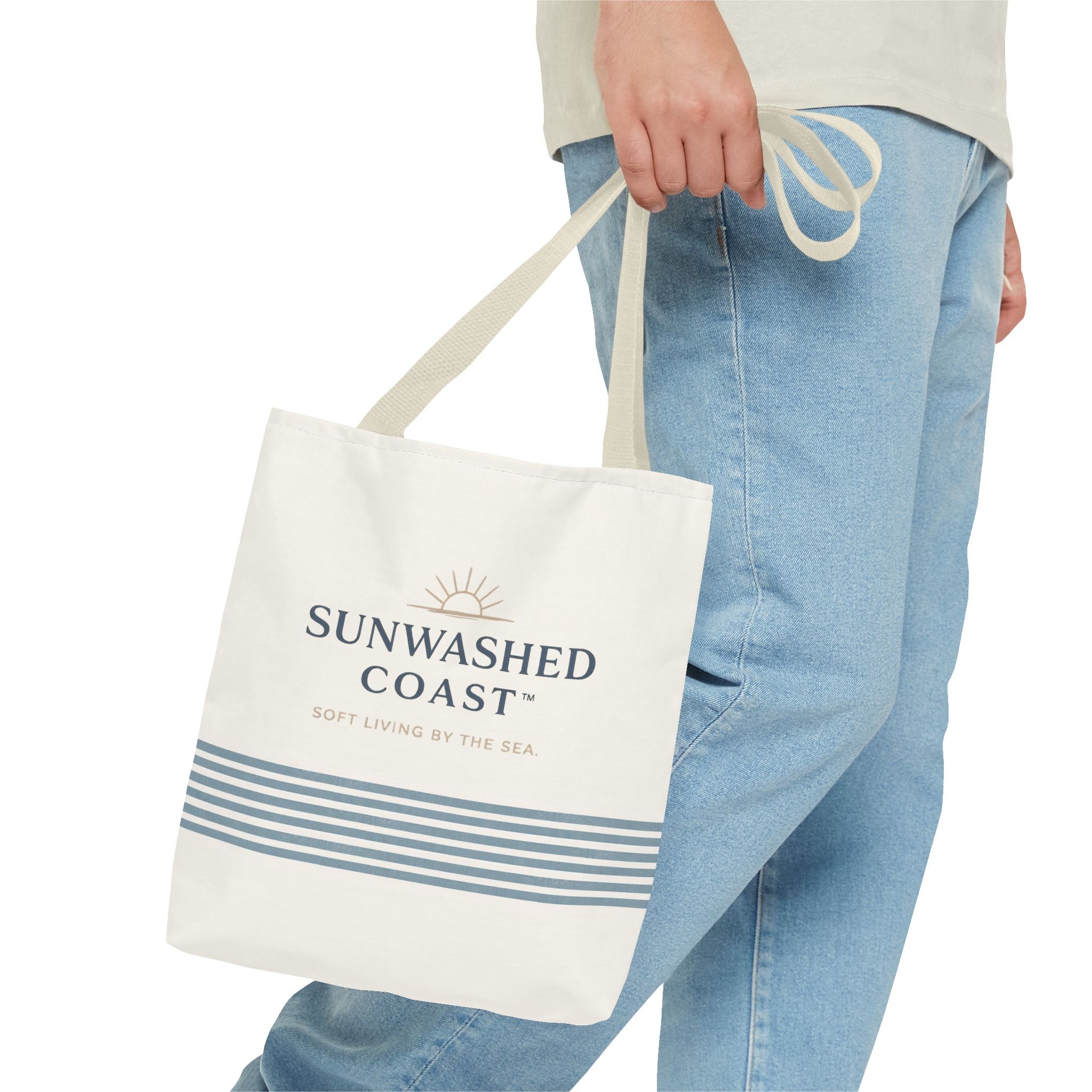 Sunwashed Coast Tote Bag – Coastal Striped Beach Canvas Tote (“Sunwashed Coast” Logo) - Creations by Chris and Carlos