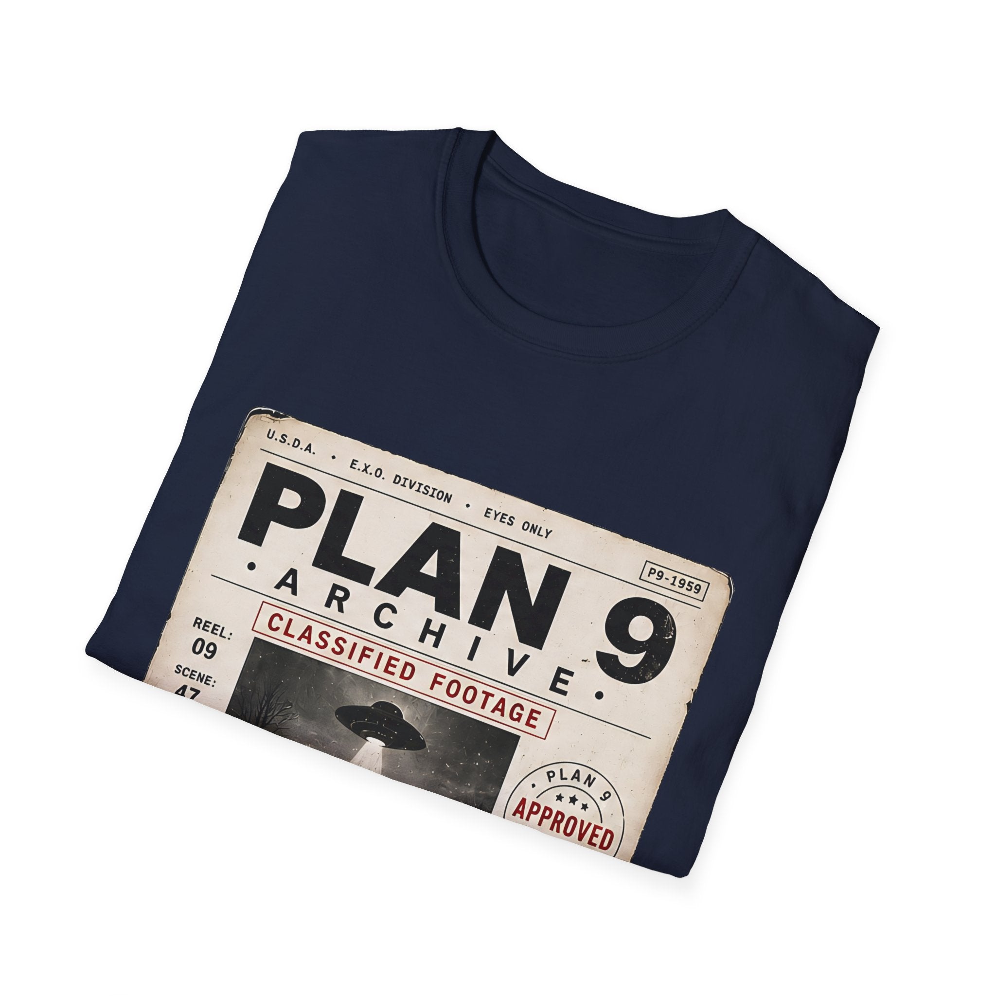 Plan 9 Archive UFO T-Shirt — Retro 'Classified Footage' Alien Badge Tee - Creations by Chris and Carlos