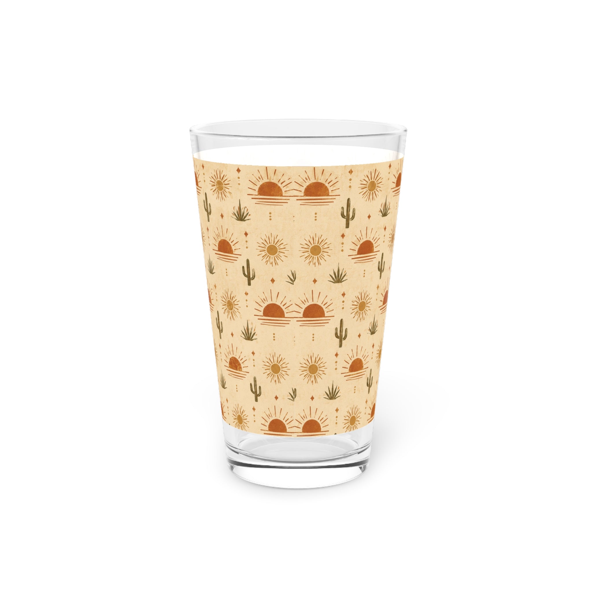 Desert Sunset Pint Glass — 16oz Southwestern Cactus & Sun Pattern - Creations by Chris and Carlos