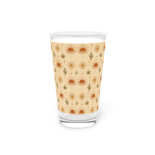 Desert Sunset Pint Glass — 16oz Southwestern Cactus & Sun Pattern - Creations by Chris and Carlos