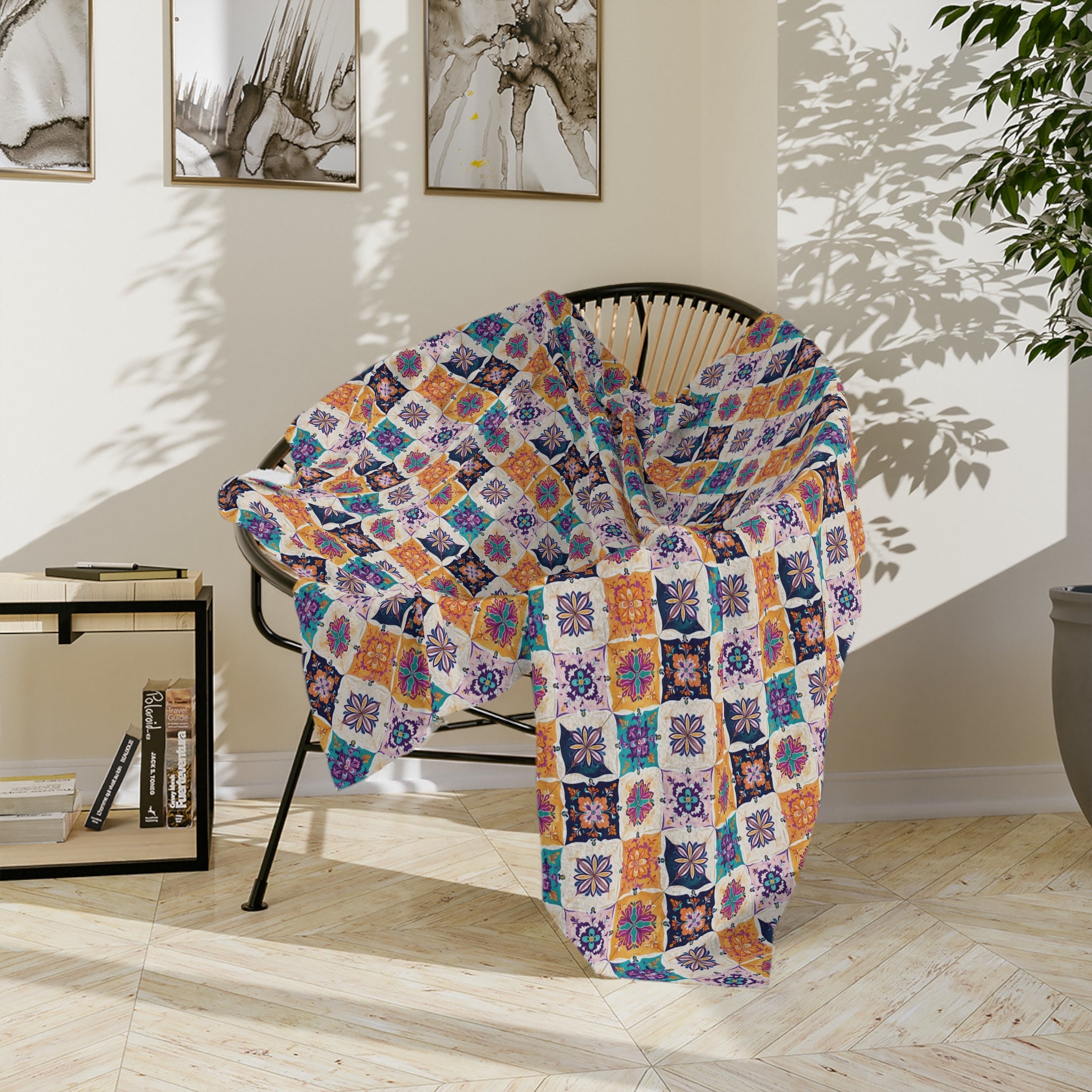 Velveteen Microfiber Blanket — Colorful Moroccan Tile Pattern Cozy Throw - Creations by Chris and Carlos