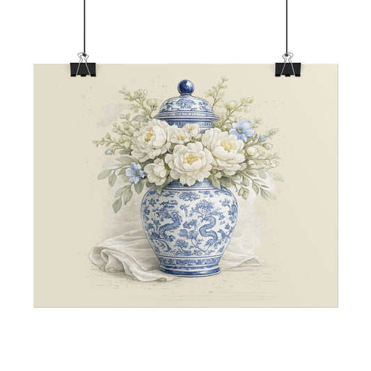 Rolled Poster — Blue & White Porcelain Vase Floral Print - Creations by Chris and Carlos
