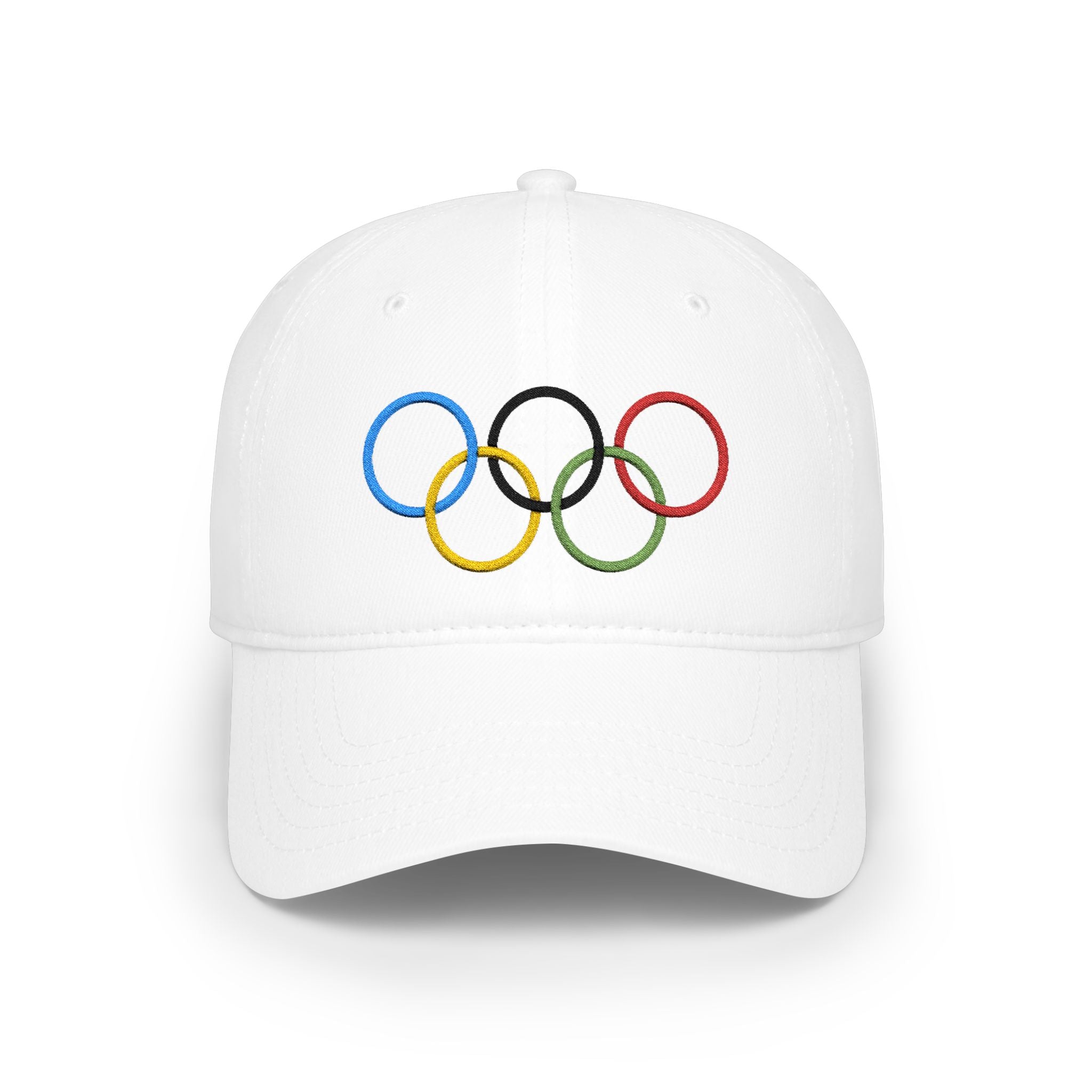 Olympic Rings Embroidered Baseball Cap — Red Low Profile Sport Hat - Creations by Chris and Carlos