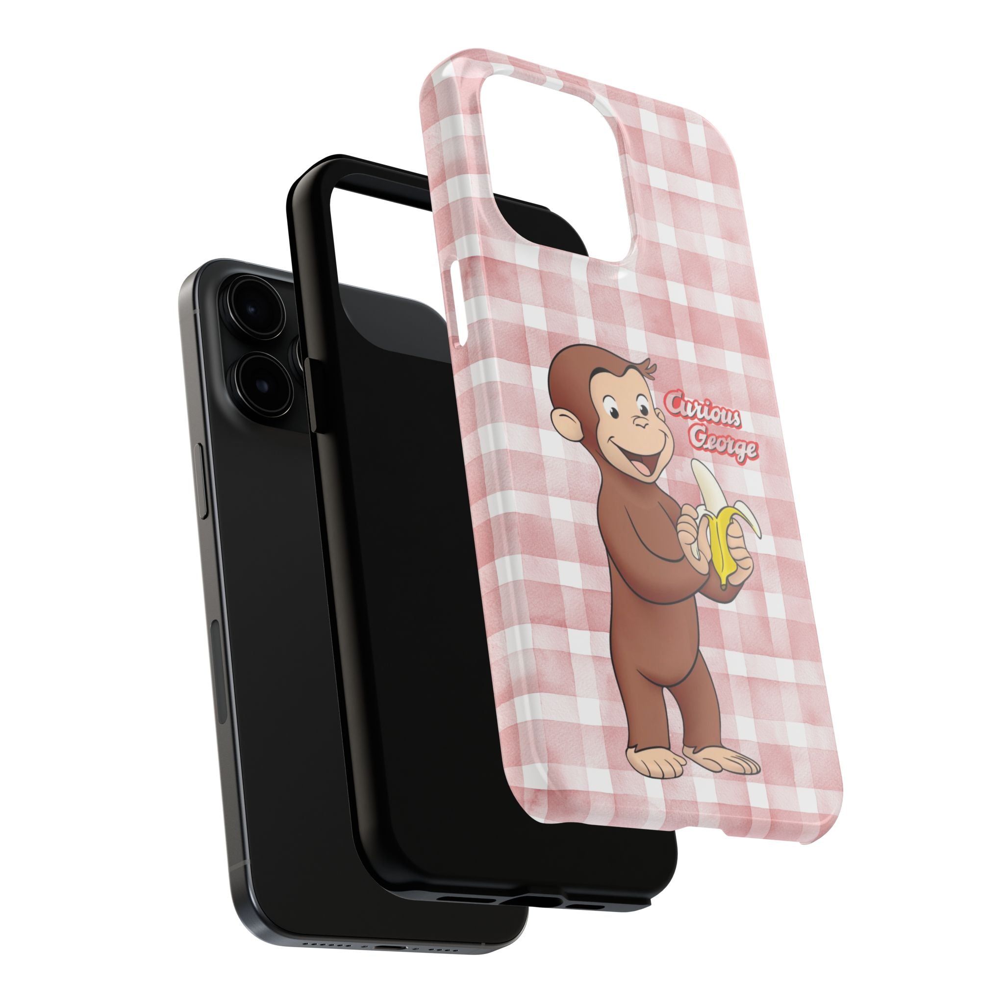 Curious George Banana Tough Phone Case — Cute Kids iPhone Cover, Pink Gingham Protective Case - Creations by Chris and Carlos