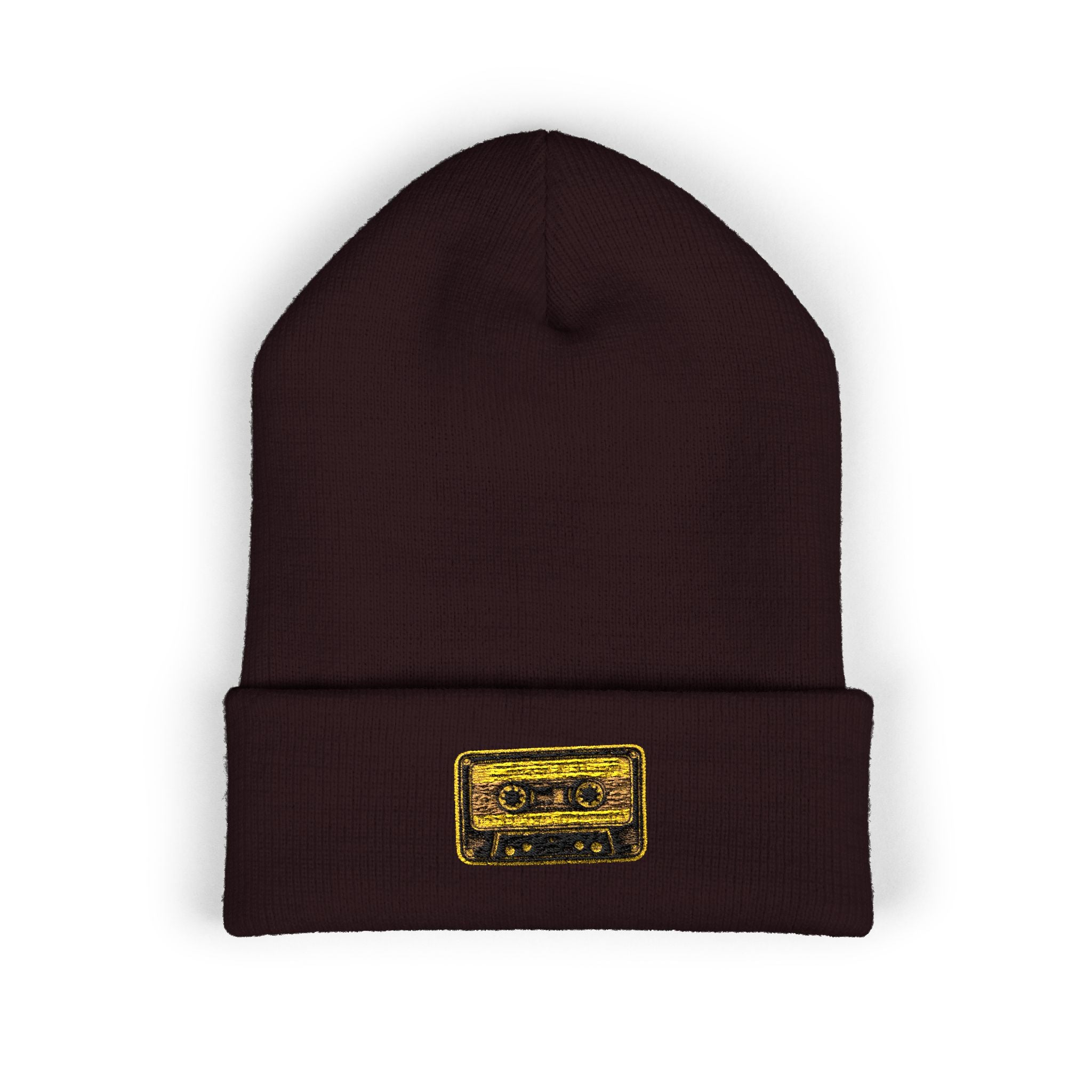 Embroidered Gold Cassette Beanie — Retro Music Cuffed Hat - Creations by Chris and Carlos