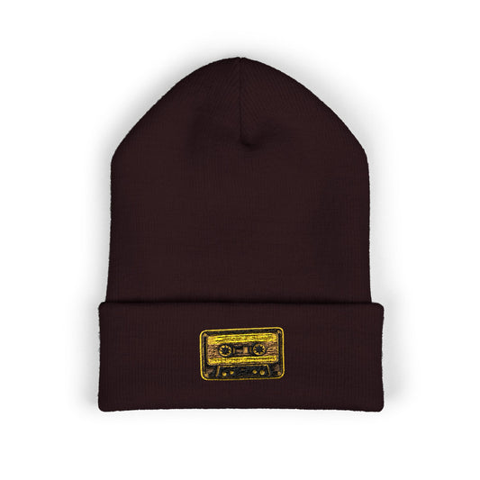 Embroidered Gold Cassette Beanie — Retro Music Cuffed Hat - Creations by Chris and Carlos