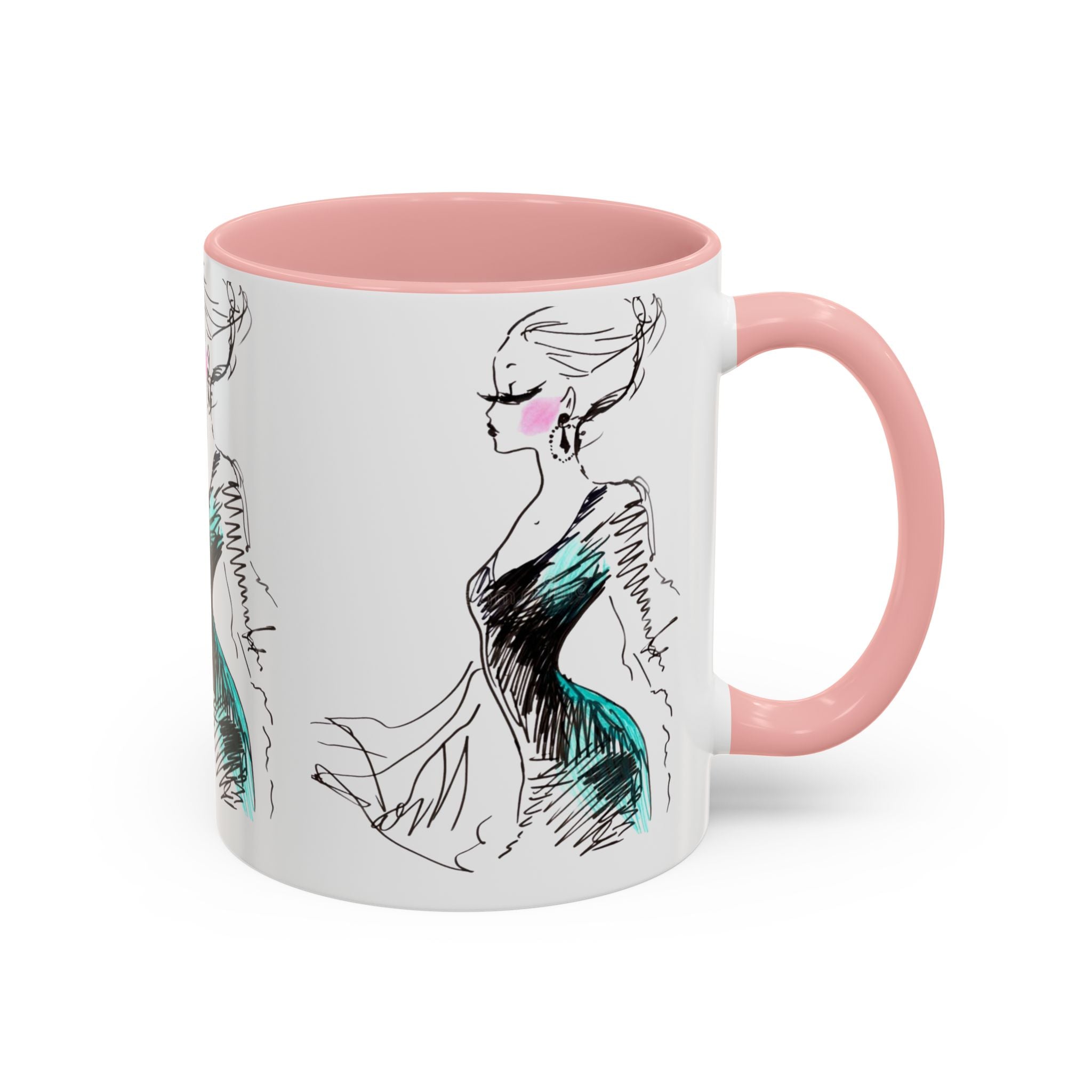 Fashion Sketch Accent Coffee Mug — Chic Hand-Drawn Dress Illustration (11/15 oz) - Creations by Chris and Carlos