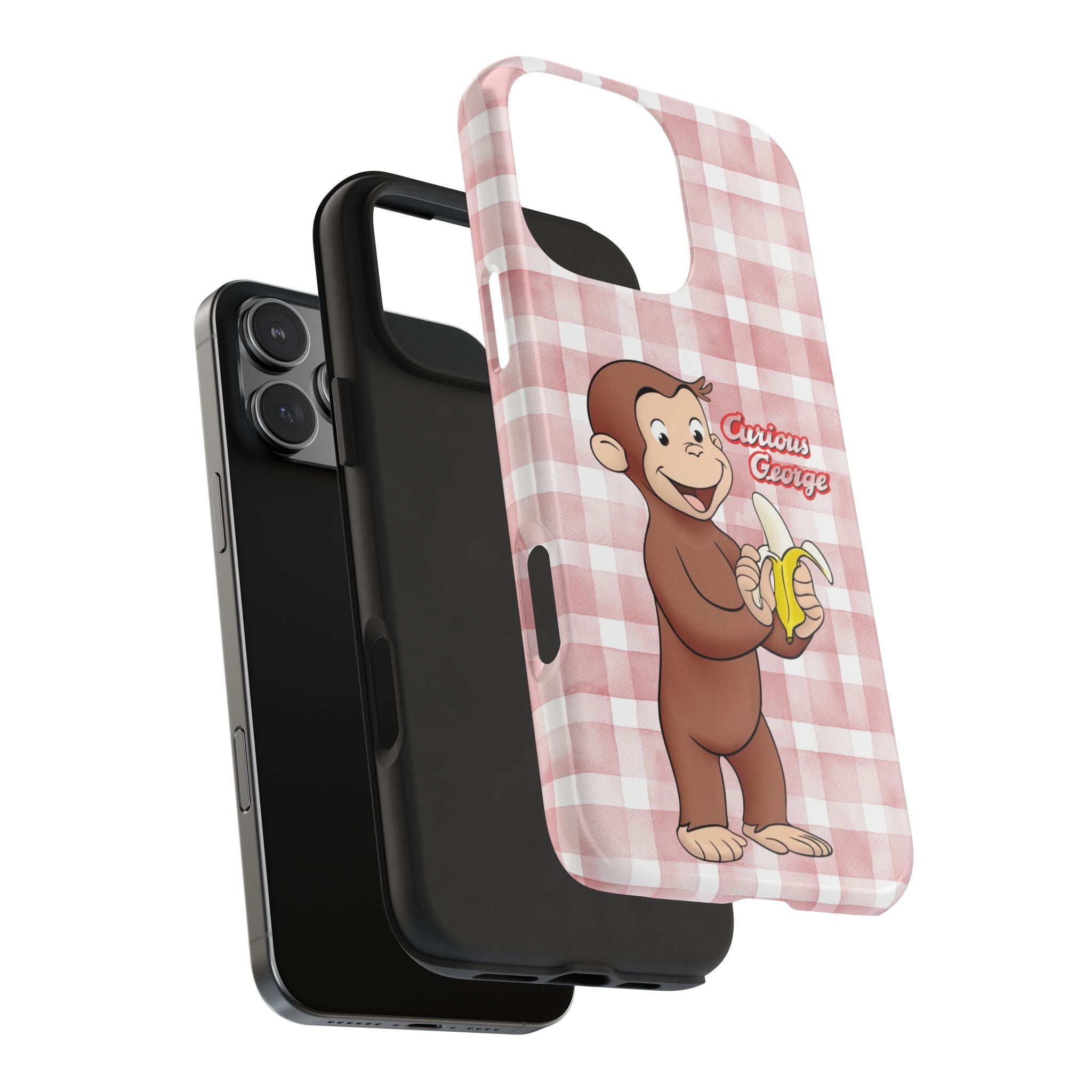 Curious George Banana Tough Phone Case — Cute Kids iPhone Cover, Pink Gingham Protective Case - Creations by Chris and Carlos