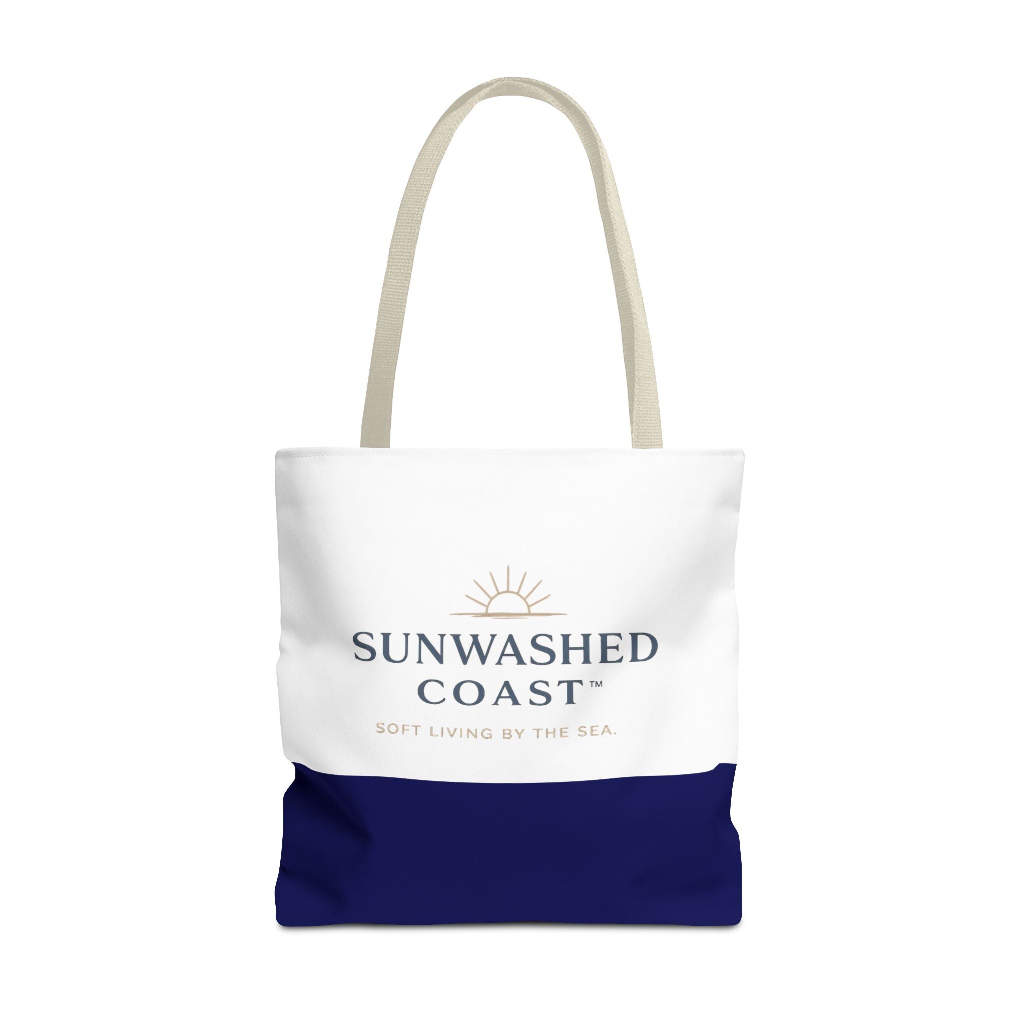 Sunwashed Coast Tote Bag — Coastal Canvas Beach Tote with 'Soft Living by the Sea' Logo - Creations by Chris and Carlos