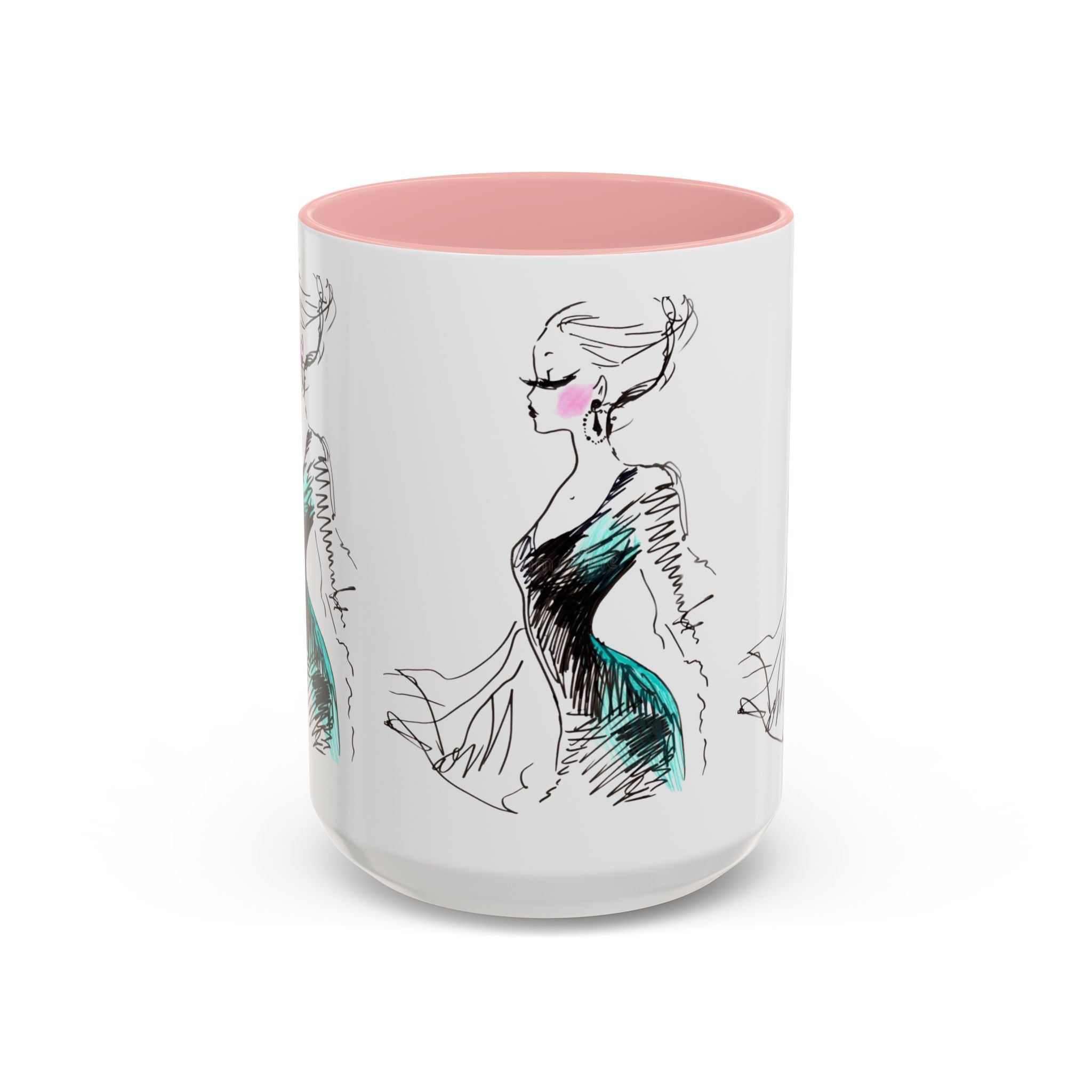 Fashion Sketch Accent Coffee Mug — Chic Hand-Drawn Dress Illustration (11/15 oz) - Creations by Chris and Carlos