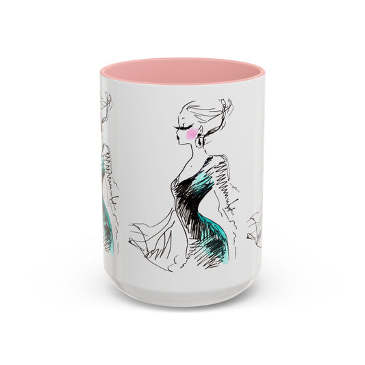 Fashion Sketch Accent Coffee Mug — Chic Hand-Drawn Dress Illustration (11/15 oz) - Creations by Chris and Carlos