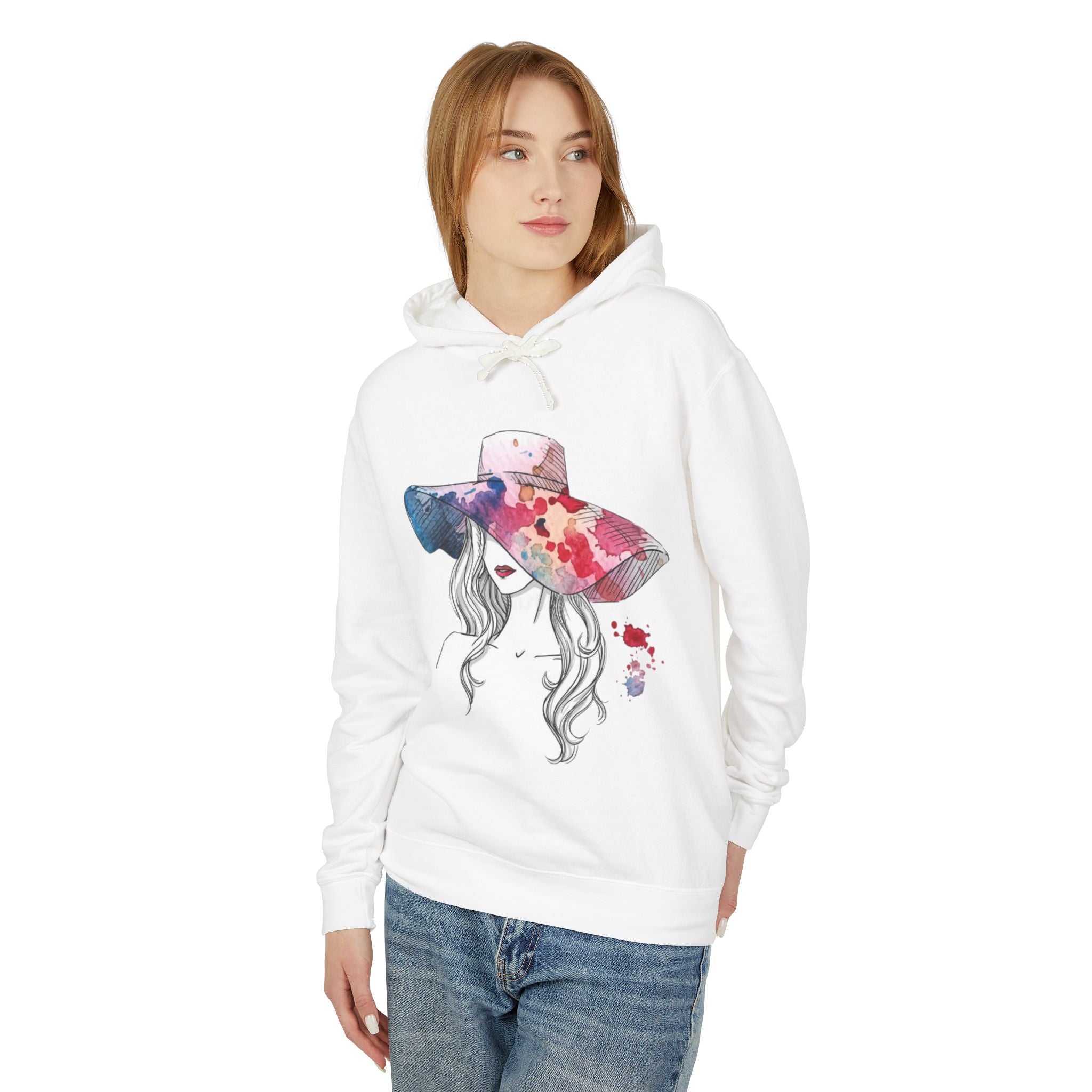 Watercolor Hat Lady Hoodie — Floral Sunhat Portrait Pullover - Creations by Chris and Carlos