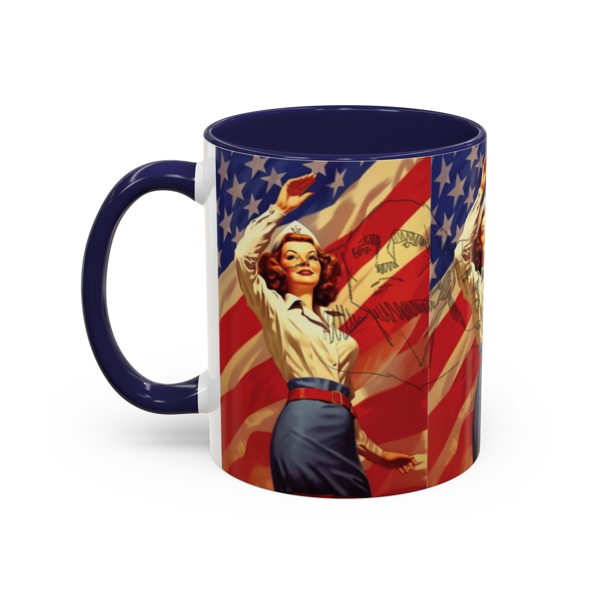 Patriotic Pin-Up Coffee Mug — Vintage American Flag Accent (11/15 oz) - Creations by Chris and Carlos