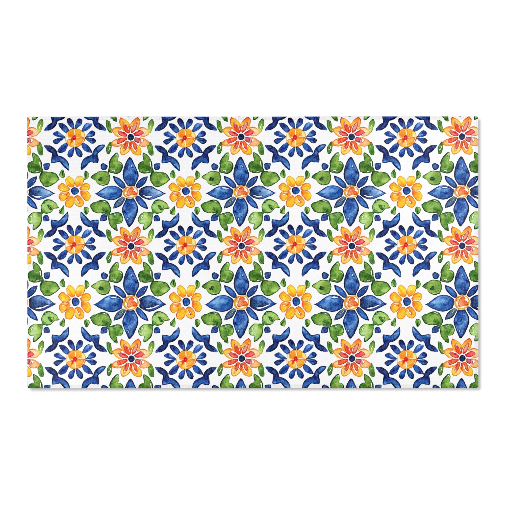 Sol y Alegría (Sun and Joy) Collection- Mediterranean Floral Area Rug — Colorful Blue & Yellow Tile Pattern - Creations by Chris and Carlos