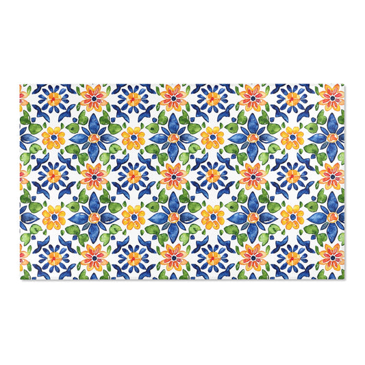 Sol y Alegría (Sun and Joy) Collection- Mediterranean Floral Area Rug — Colorful Blue & Yellow Tile Pattern - Creations by Chris and Carlos