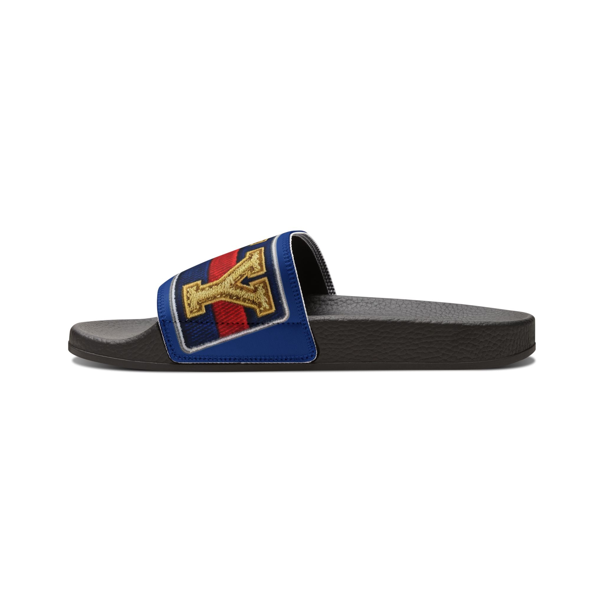 Men's Slide Sandals — BNY Bunny Inspired Retro Lettering Navy & Red Strap - Creations by Chris and Carlos
