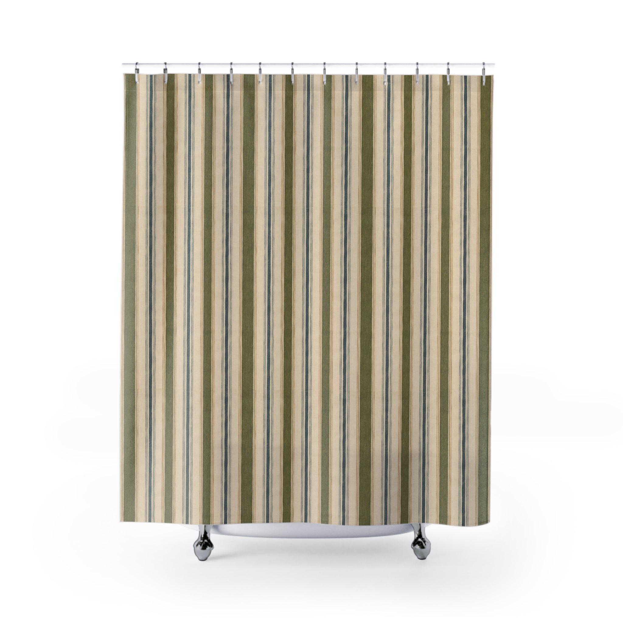 Striped Coastal Shower Curtain — Blue & Olive Vertical Stripe Bathroom Decor - Creations by Chris and Carlos