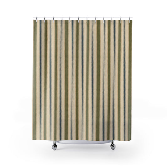 Striped Coastal Shower Curtain — Blue & Olive Vertical Stripe Bathroom Decor - Creations by Chris and Carlos