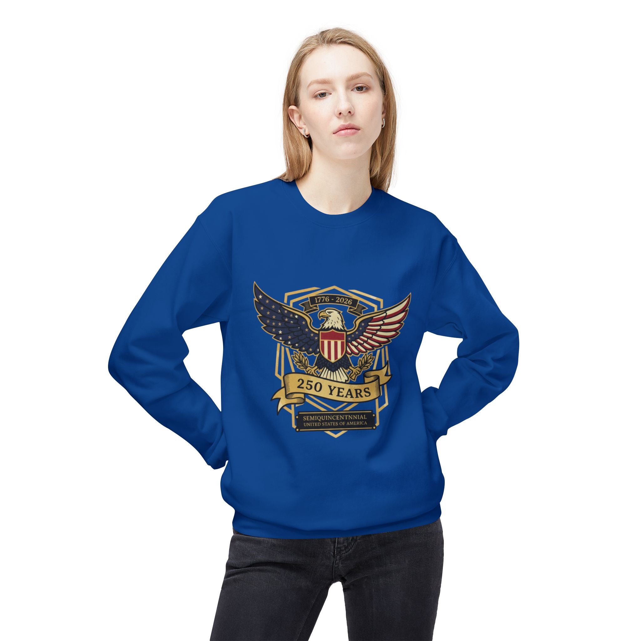 Sweatshirt — 250 Years Patriotic Eagle Crest Crewneck (American Flag Shield) - Creations by Chris and Carlos