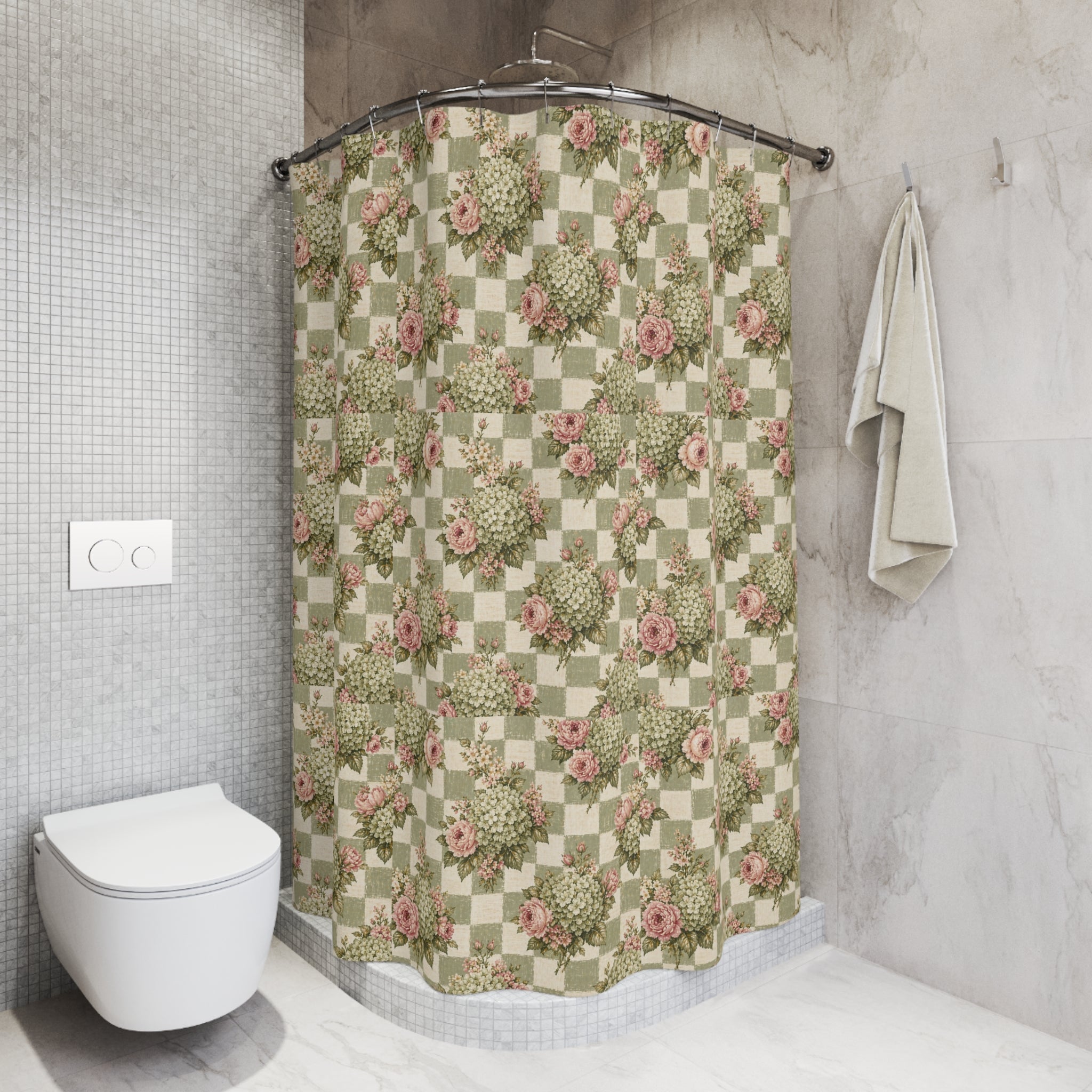 Floral Check Vintage Shower Curtain — Pink Roses & Green Hydrangea Pattern - Creations by Chris and Carlos
