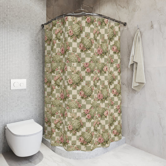Floral Check Vintage Shower Curtain — Pink Roses & Green Hydrangea Pattern - Creations by Chris and Carlos