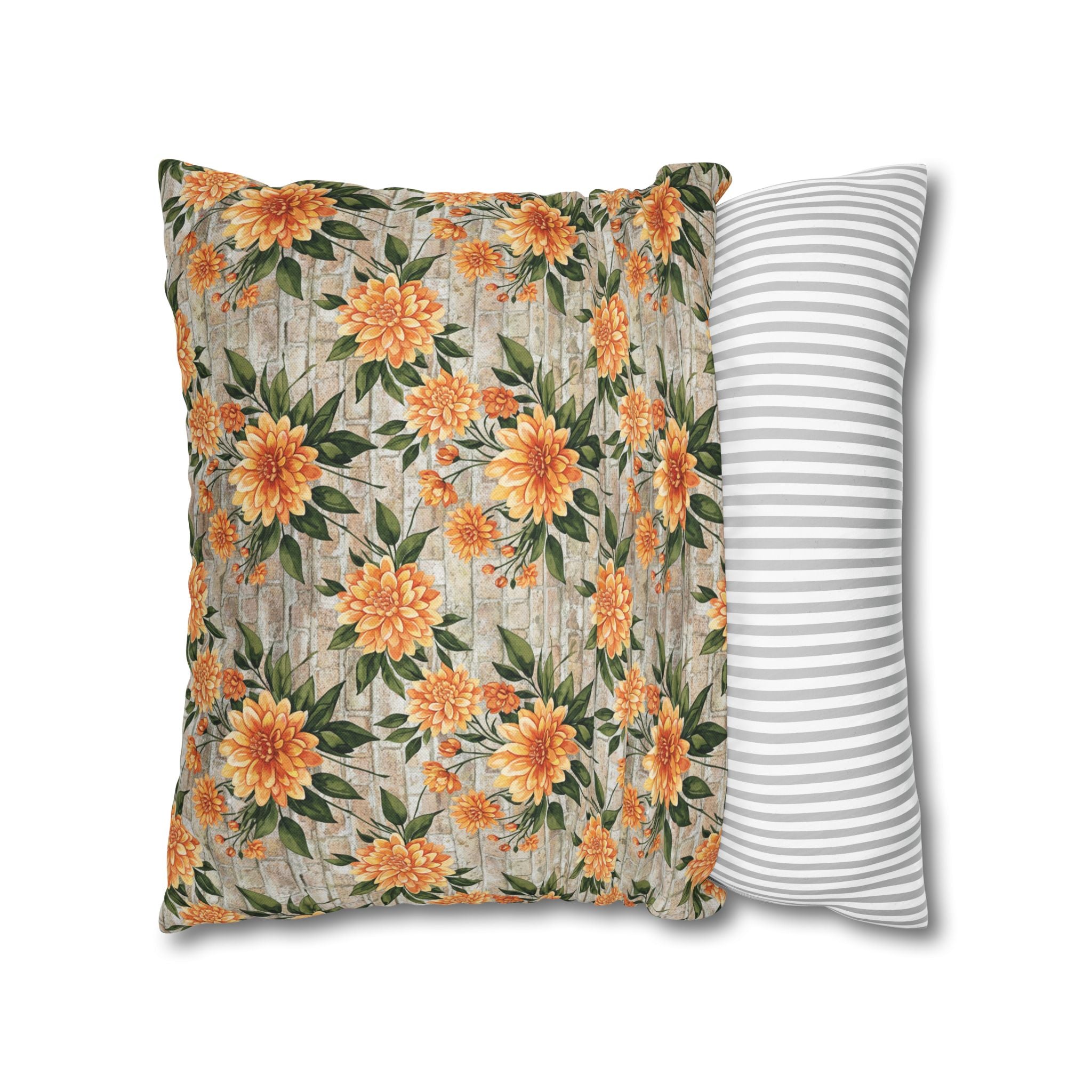 The Artisanal Flora Gallery Floral Sunburst Square Pillowcase — Orange Dahlia Botanical Throw Pillow Cover - Creations by Chris and Carlos