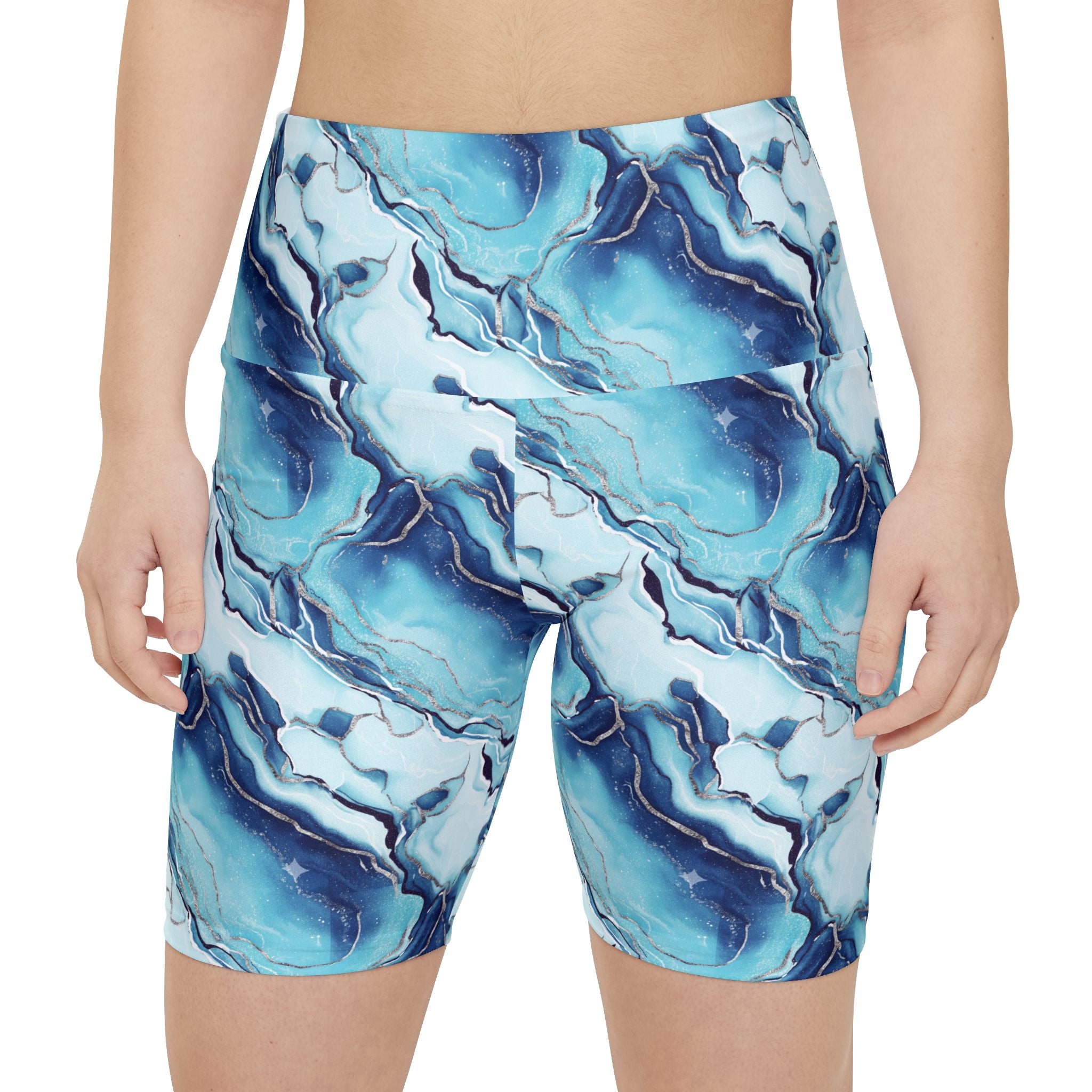 Marble Swirl Women's Workout Shorts — Navy Gold Athletic Biker Shorts - Creations by Chris and Carlos