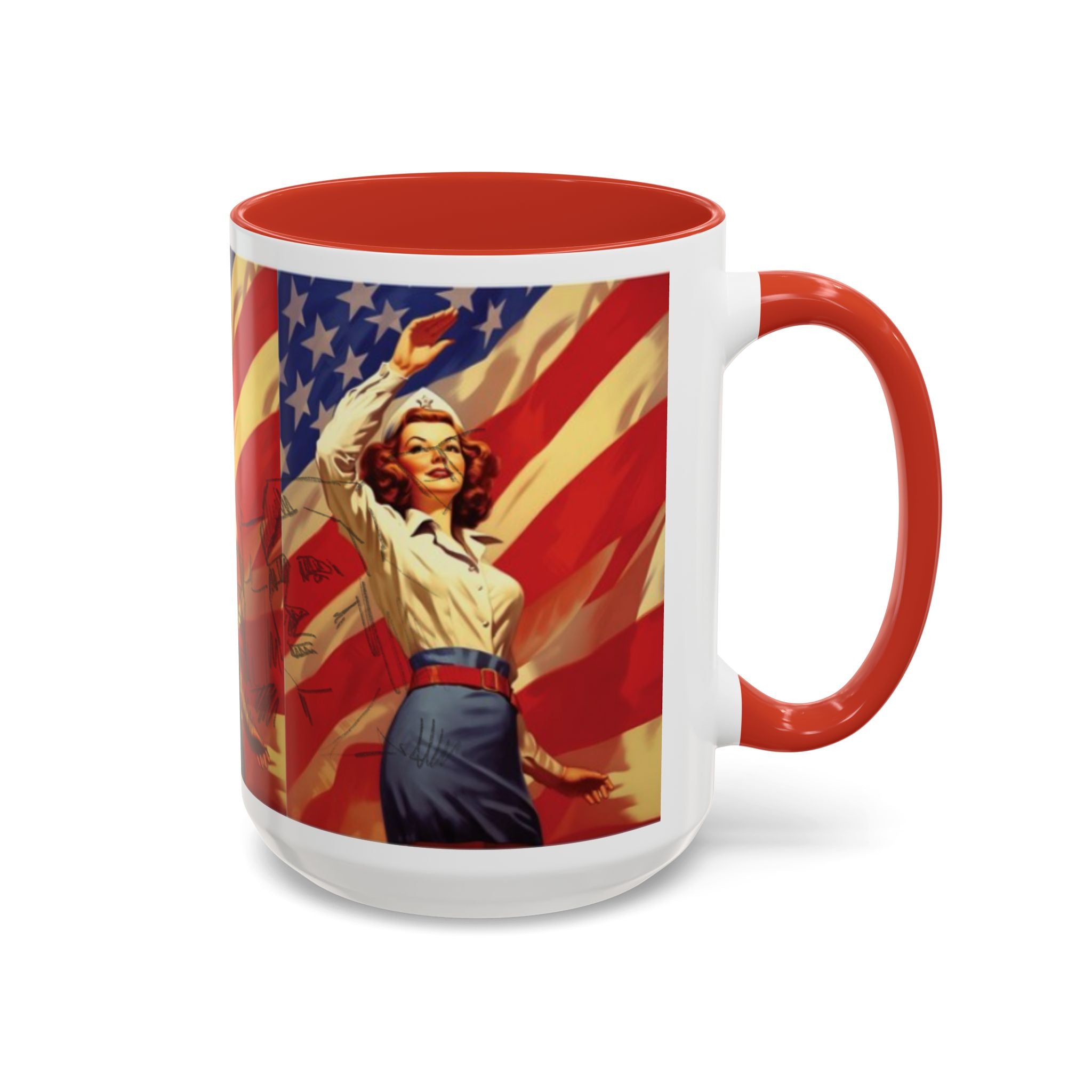 Patriotic Pin-Up Coffee Mug — Vintage American Flag Accent (11/15 oz) - Creations by Chris and Carlos