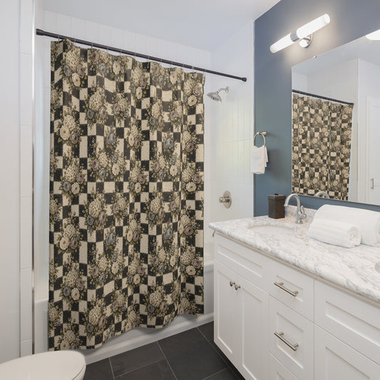 Vintage Floral Checkerboard Shower Curtain — Rustic Cottage Bathroom Décor - Creations by Chris and Carlos
