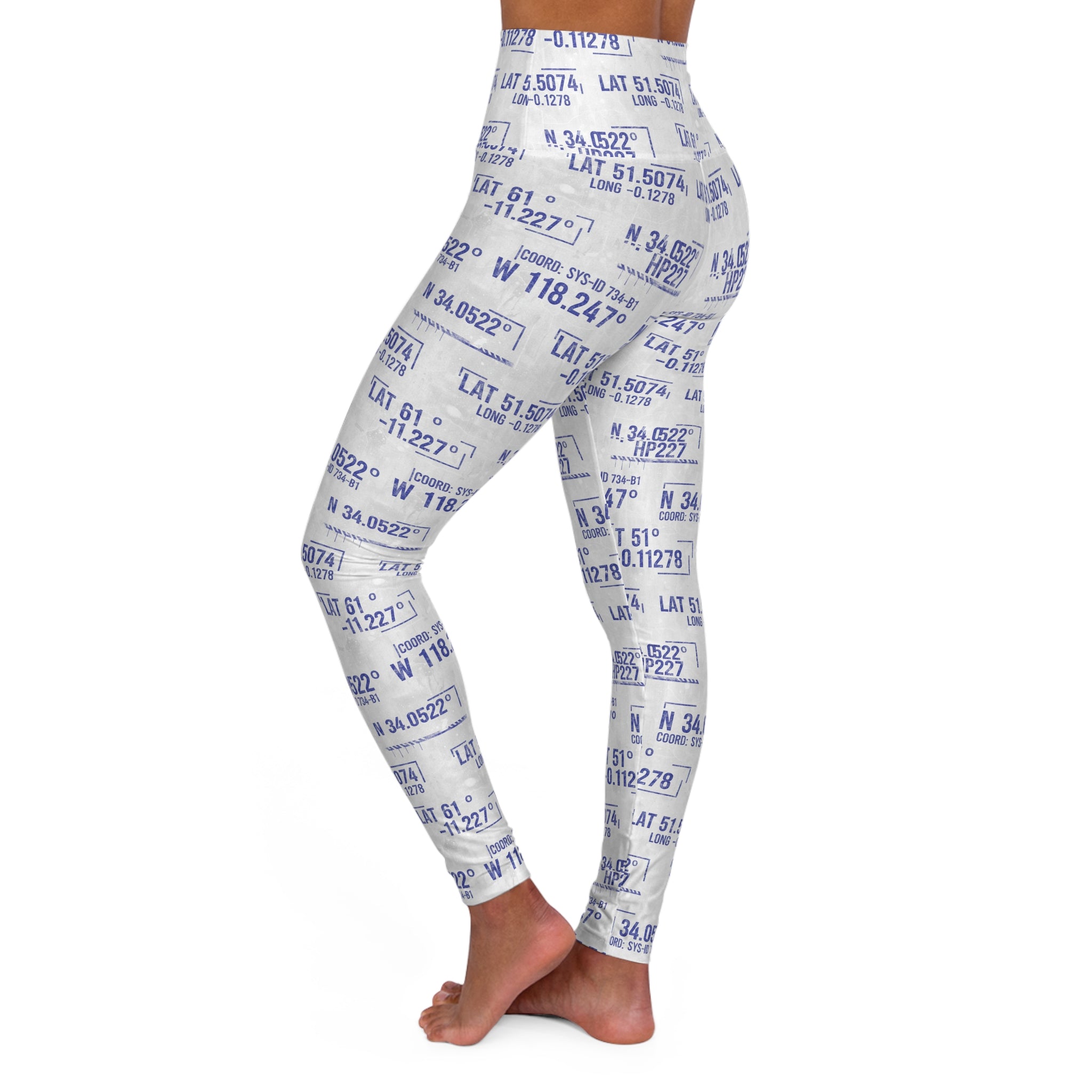 Latitude Longitude Pattern High-Waist Yoga Leggings — Navy Coordinates Fitness Print - Creations by Chris and Carlos