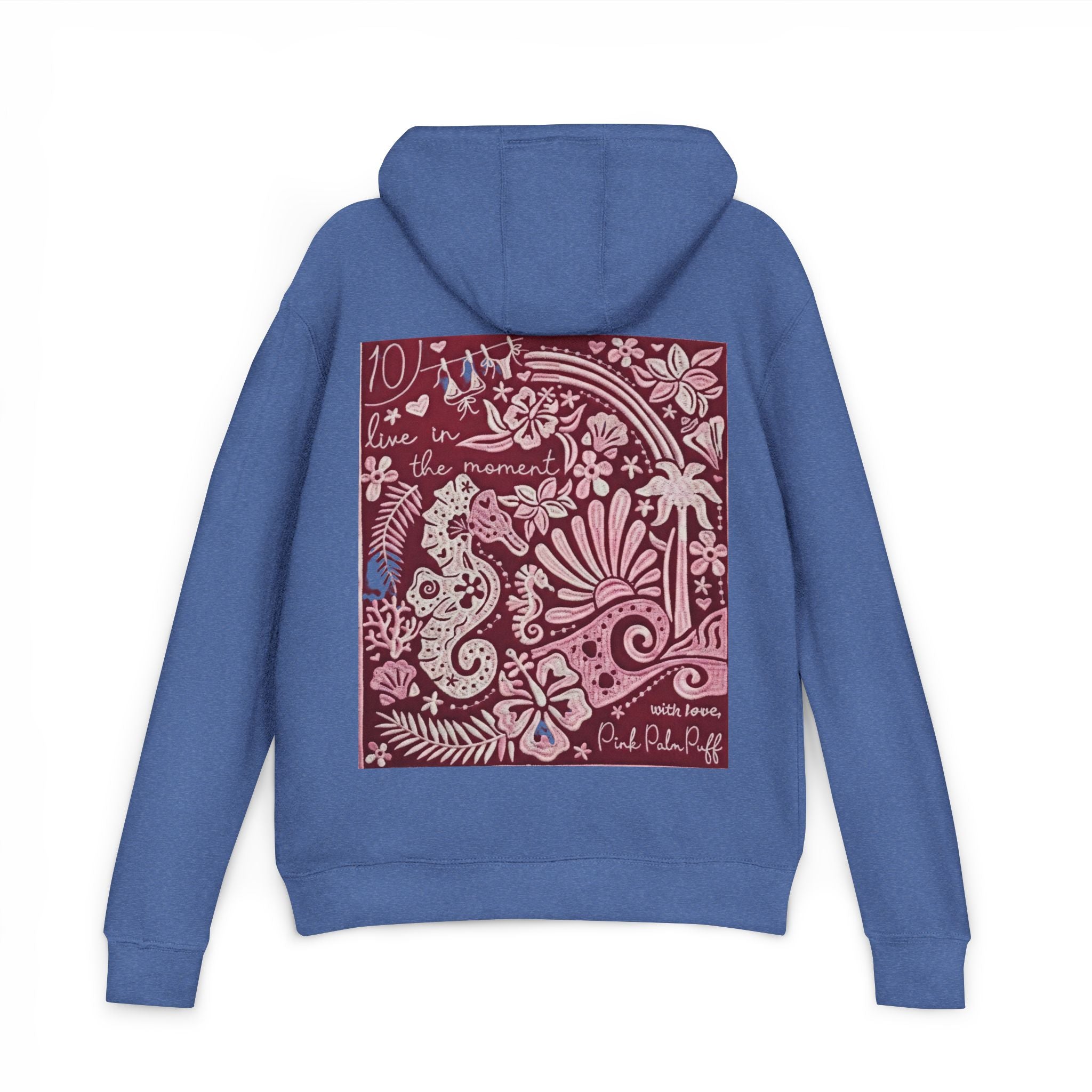 Coastal Bandana Art Hoodie — "Live in the Moment" Seahorse Design - Creations by Chris and Carlos
