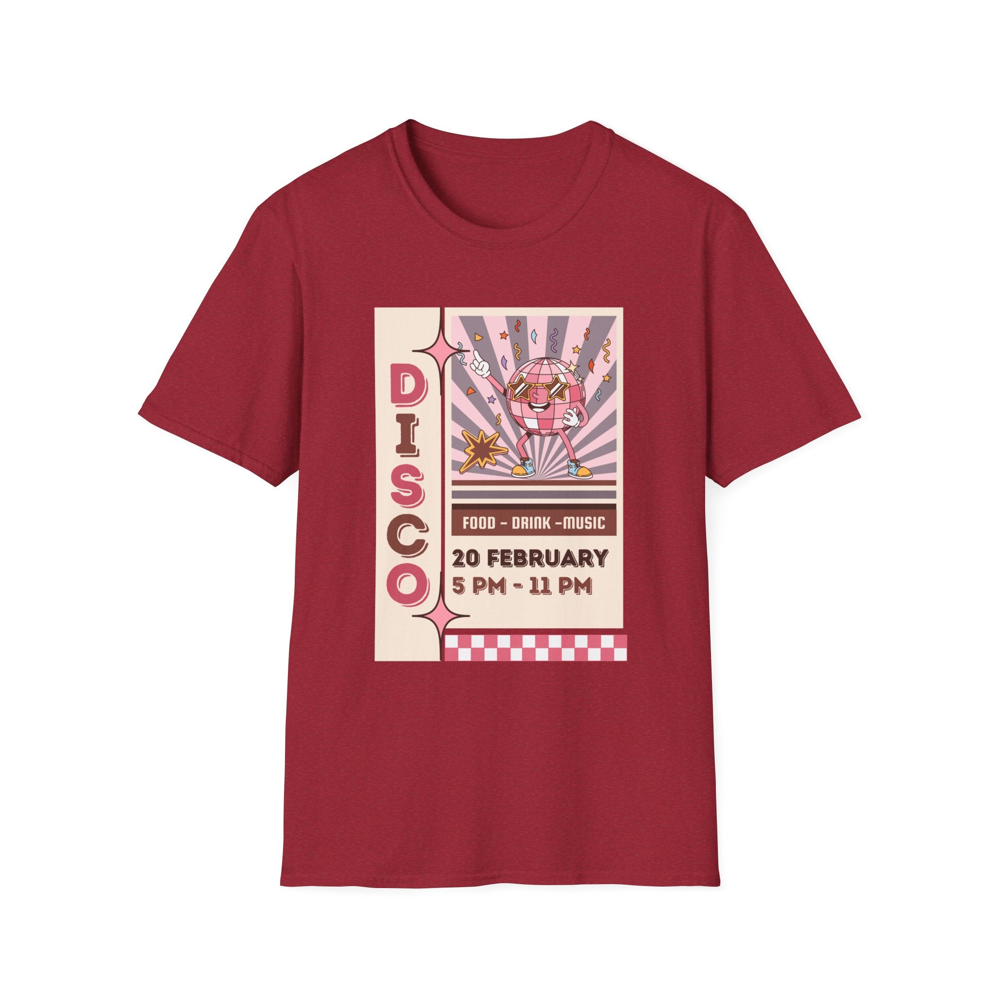 Disco Party T-Shirt — Retro 70s Vinyl Night Poster Tee ("DISCO" 20 February 5PM–11PM) - Creations by Chris and Carlos