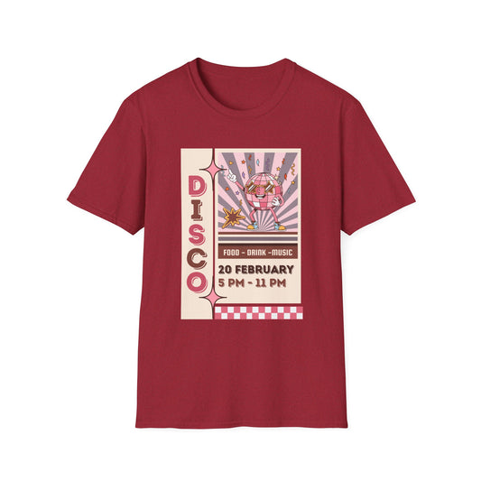 Disco Party T-Shirt — Retro 70s Vinyl Night Poster Tee ("DISCO" 20 February 5PM–11PM) - Creations by Chris and Carlos